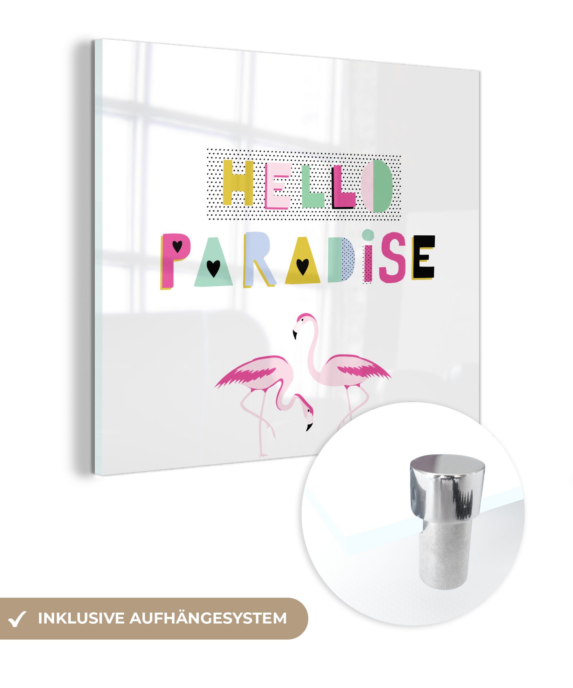 auf Acrylglasbild Glasbilder - Glas Wandbild Foto auf - Rosa, Bilder Flamingo Glas St), (1 - - MuchoWow Sommer - Wanddekoration
