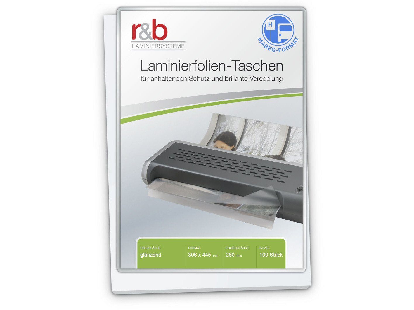 r&b Laminiersysteme Laminierfolie Laminierfolien A3 (306 x 445 mm), für Fahrplanhalterung/Mabeg, 250 µm, glänzend, 100 St., Spezialformat für Mabeg Fahrplanhalterungen