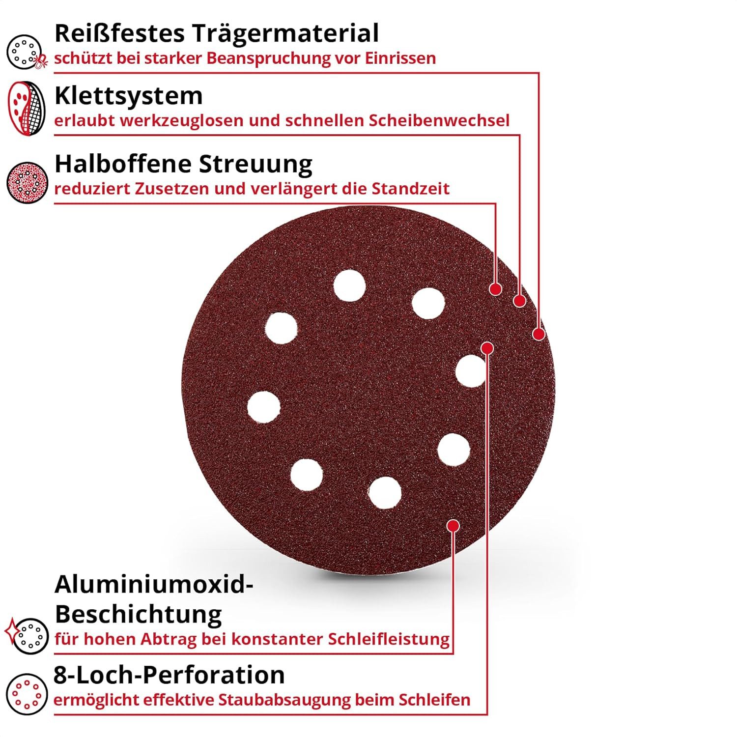 Einhell Schleifpapier, (50 St), Schleifscheiben, Ø 125 mm, K80, 50-tlg. (Aluminiumoxid, Klett, 8-Loch