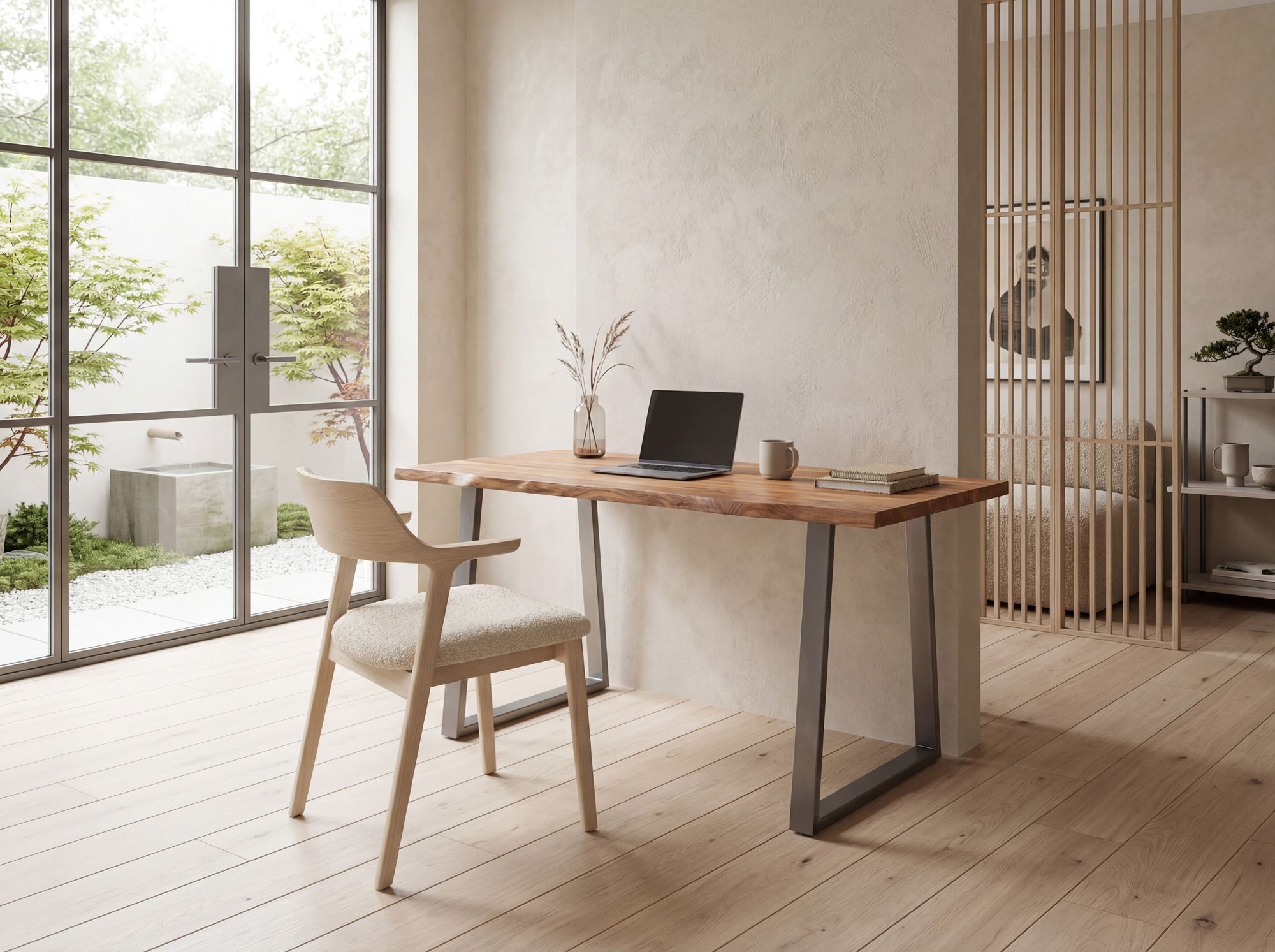 FINEBUY Schreibtisch FB68339 Akazie Massivholz Metall Bürotisch Computertisch (Baumkante Modern, 140x80x76 cm Akazie Massivholz), Bürotisch Trapezbeine, Computertisch Home Office