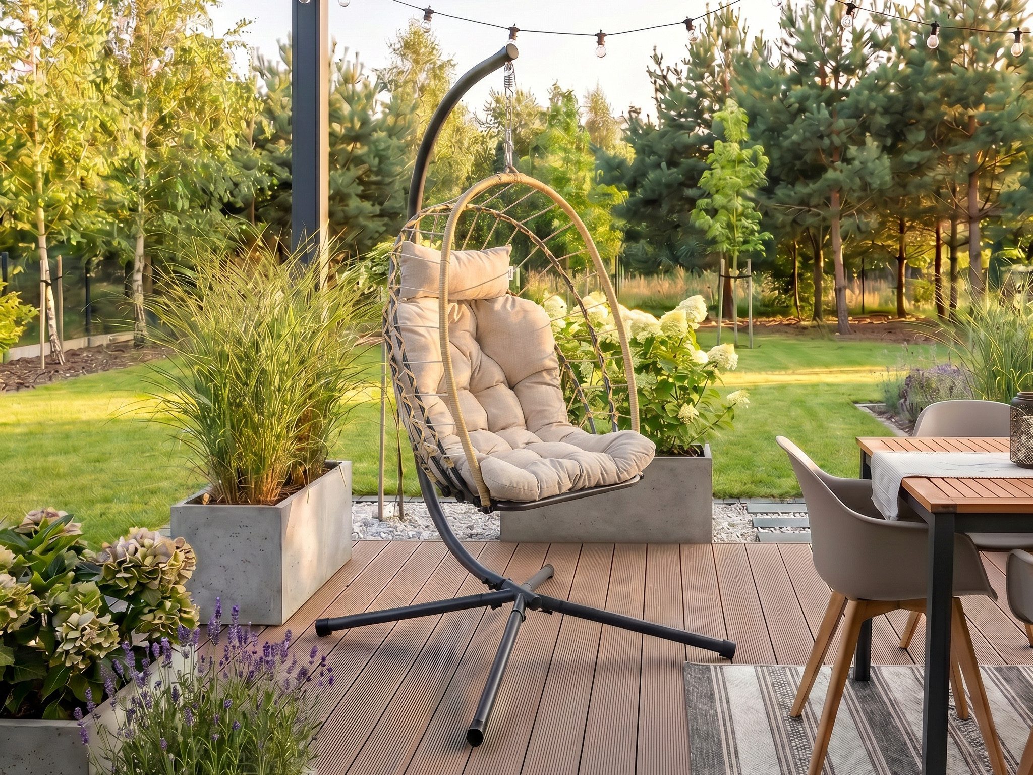 Beautysofa Hängesessel MYKONOS mit stabiler Stahlrahmen (10 cm Sitzkissen, Gartensessel mit Gestell 109 × 124 × 192 cm), in Beige oder Grau