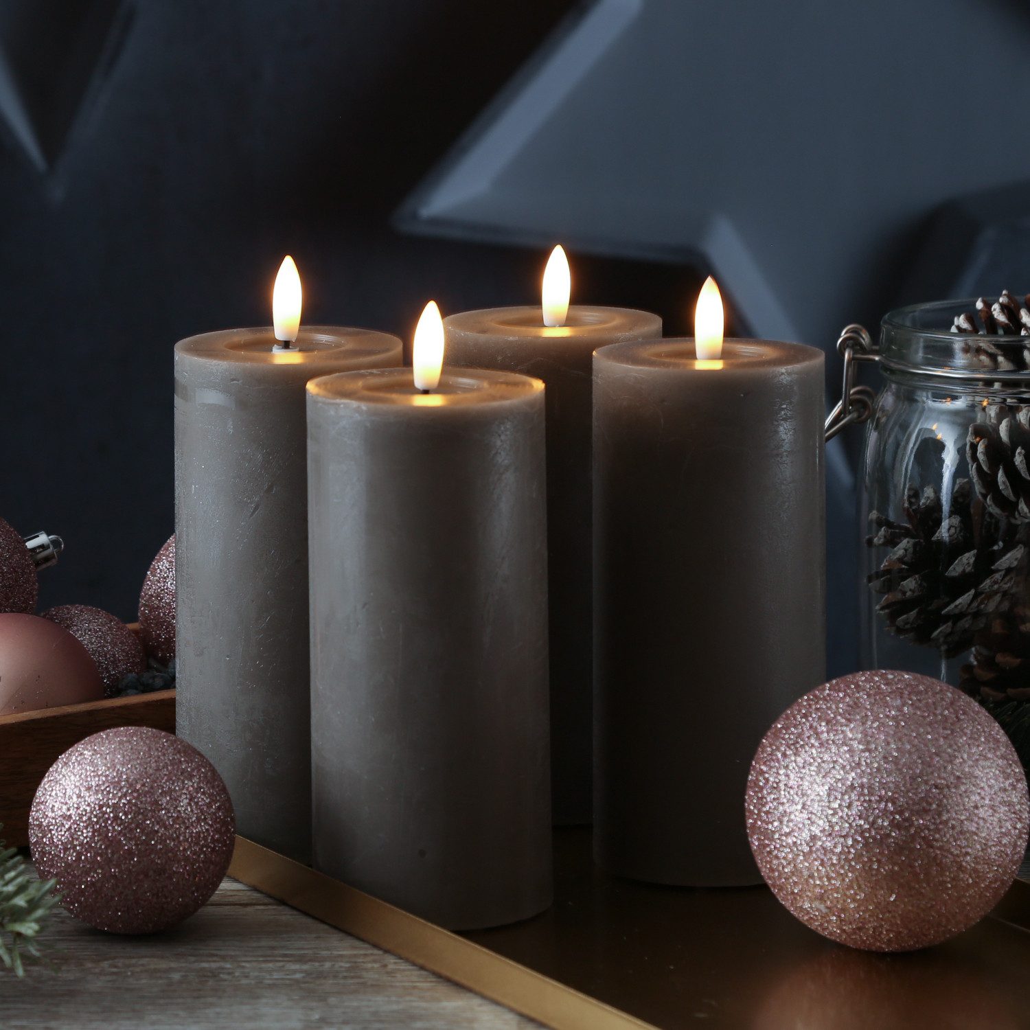 Adilina LED-Kerze Kerzenset LINA Rustik Optik für Adventskranz 7x15cm Timer grau 4St (4-tlg)