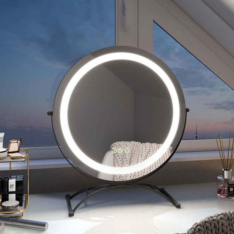 EMKE Kosmetikspiegel 360° Drehbar Schminkspiegel Runder Tischspiegel mit LED Beleuchtung, mit Touch, 3 Lichtfarben Dimmbar, Memory-Funktion, 360° Drehbar