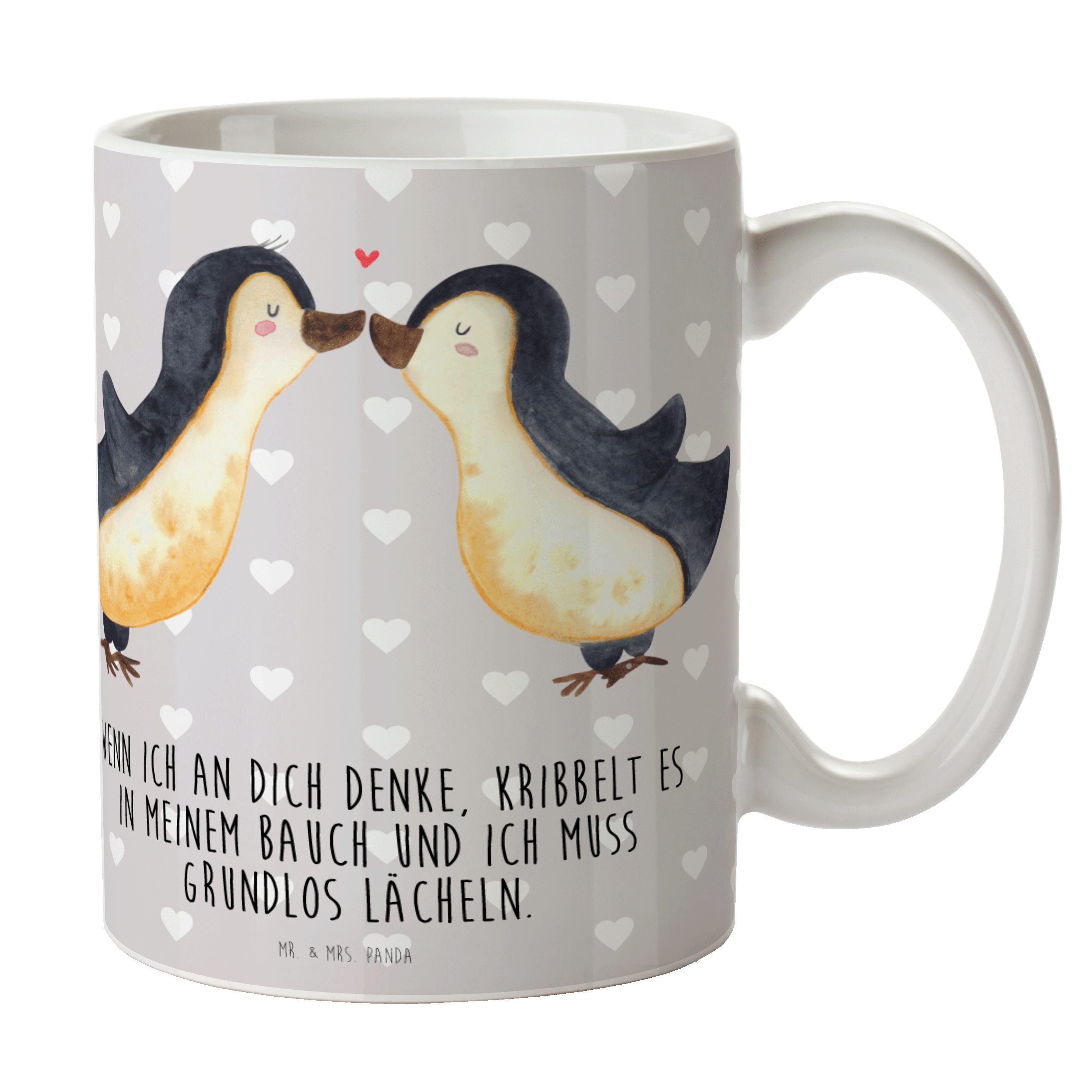 Mr. & Mrs. Panda Tasse Pinguine Kuss - Grau Pastell - Geschenk, Ehefrau, Liebesbeweis, Teebe, Keramik