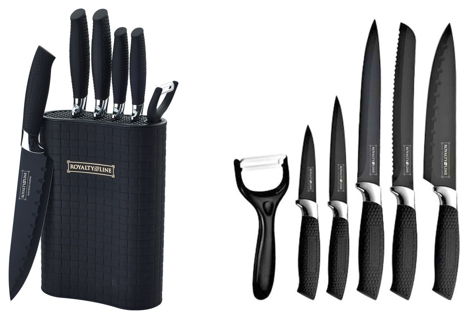 Markenwarenshop-Style Messer-Set Messer Kochmesser Messerständer Messerset 7-tlg. Royalty Line schwarz (Set bestehend aus 1 Messerblock, 5 Messern und 1 Schäler)