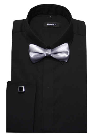 Huber Hemden Businesshemd HU-1011 Fliege schwarz / grau Manschettenknopf Umschlag-Manschette Regular Fit