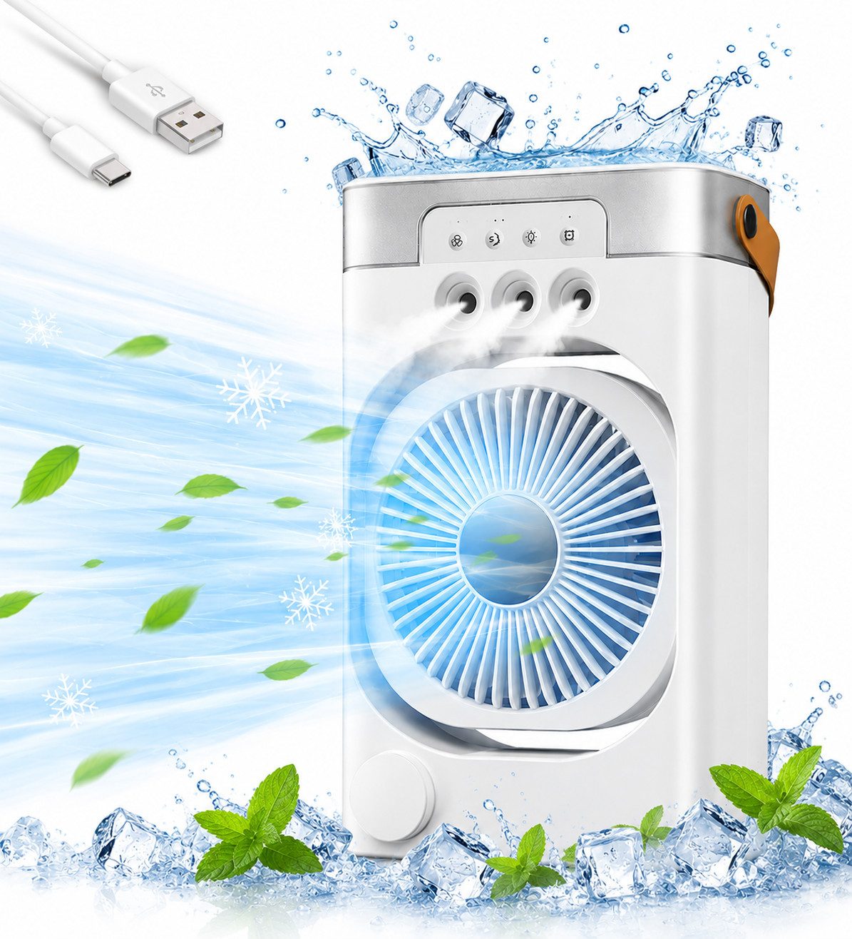MOPUEA Ventilatorkombigerät Tragbarer Luftkühler mit 3 Stufen, 7 LED-Farben und USB-Betrieb, Wasserkühlung 600ML,4-in-1 Klimaanlage für Zimmer, Sprühfunktion