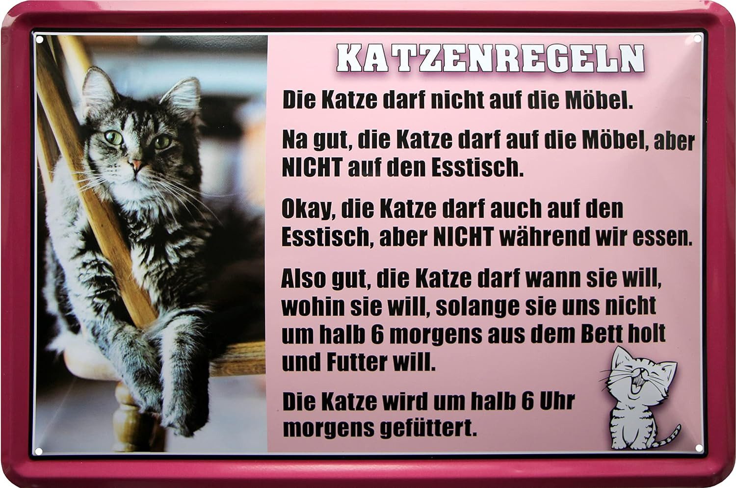 WOGEKA ART Metallbild Katzen-Regeln - 20 x 30 cm Retro Blechschild Haustier, Metallschild Wanddeko Spruch Schild Wandbild Tier Zuhause