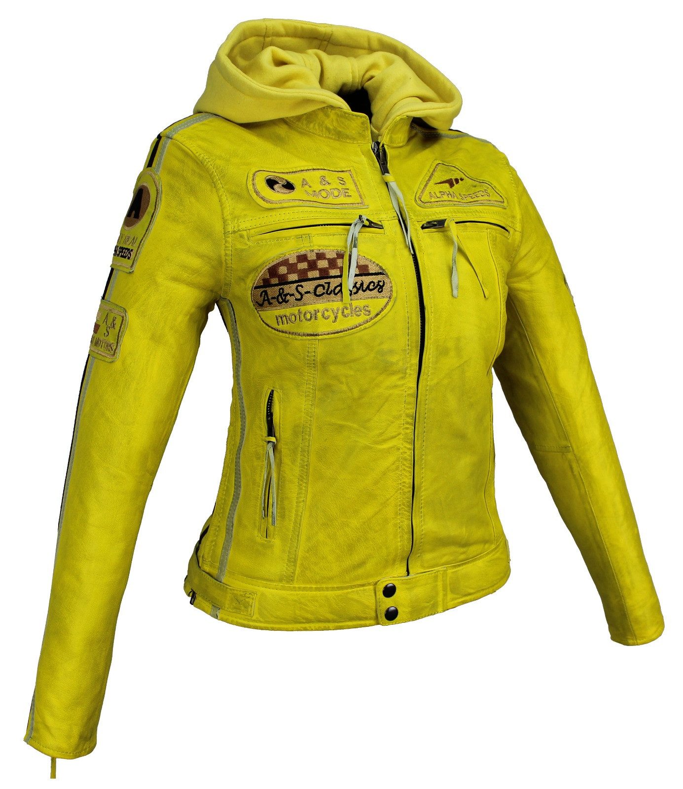 Alpha Speeds Bikerjacke - /Freizeit Damen Highway 11 Lederjacke Gelb 2-in-1 mit abnehmbarer Kapuze, inklusive einsetzbarer Protektoren