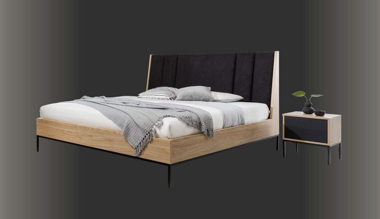 JVmoebel Schlafzimmer-Set Schlafzimmer Set Beige Bett Elegantes 2x Nachttische Modern 3tlg., (3-St., 1x Bett + 2x Nachttische), Made in Europa