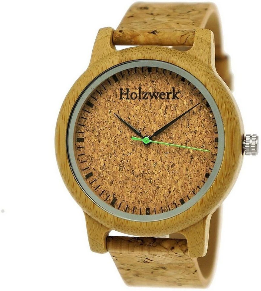 Holzwerk Quarzuhr EUTIN Damen und Herren Holz Uhr mit Kork & Leder Armband in beige