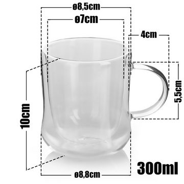 BigDean Teeglas 4 Stück Doppelwandige Kaffee & Teegläser mit Henkel 300 ml, Glas