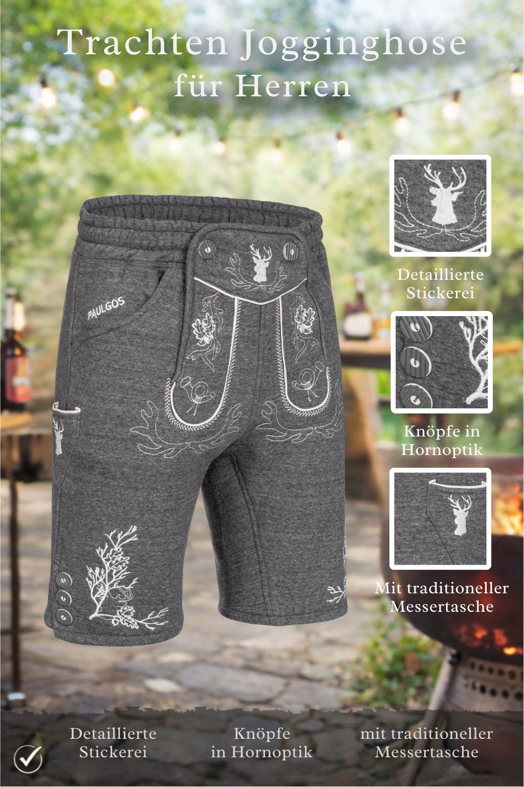 PAULGOS Trachtenhose Herren Jogginghose Design Lederhose Kurz Sweathose Bermuda Shorts JOK3