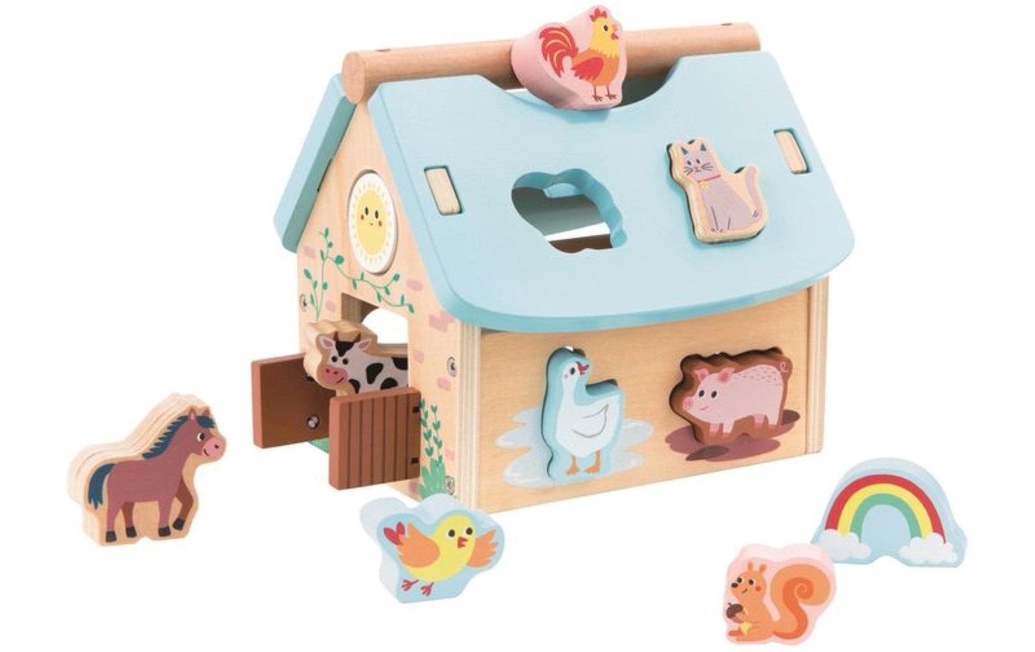Lelin Lernspielzeug tragbares Holzhaus mit Tieren, Steckspiel mit Holzbausteinen, Klappbares Dach, Griff und Steckspiel – Bild 2 von 5