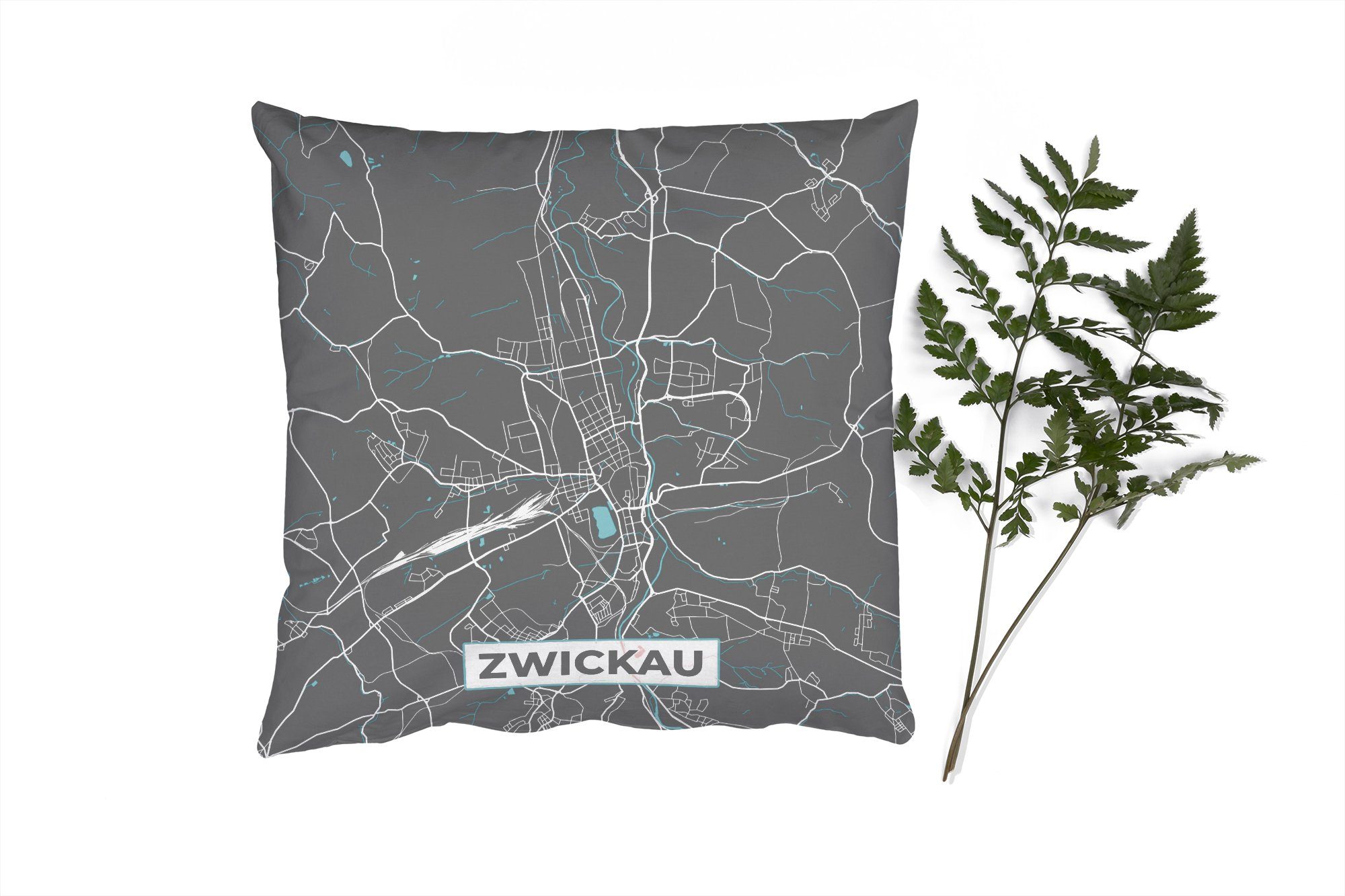 MuchoWow Dekokissen Deutschland - Blau - Zwickau - Stadtplan - Karte, Zierkissen mit Füllung für Wohzimmer, Schlafzimmer, Deko, Sofakissen | Dekokissen