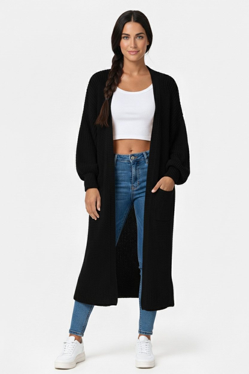 Kendindza Collection Cardigan Cardigan Damen lang Oversize Strickjacke Damen Lang aus Grobstrick Longstrickjacke Made In Italy - One Size 34-42