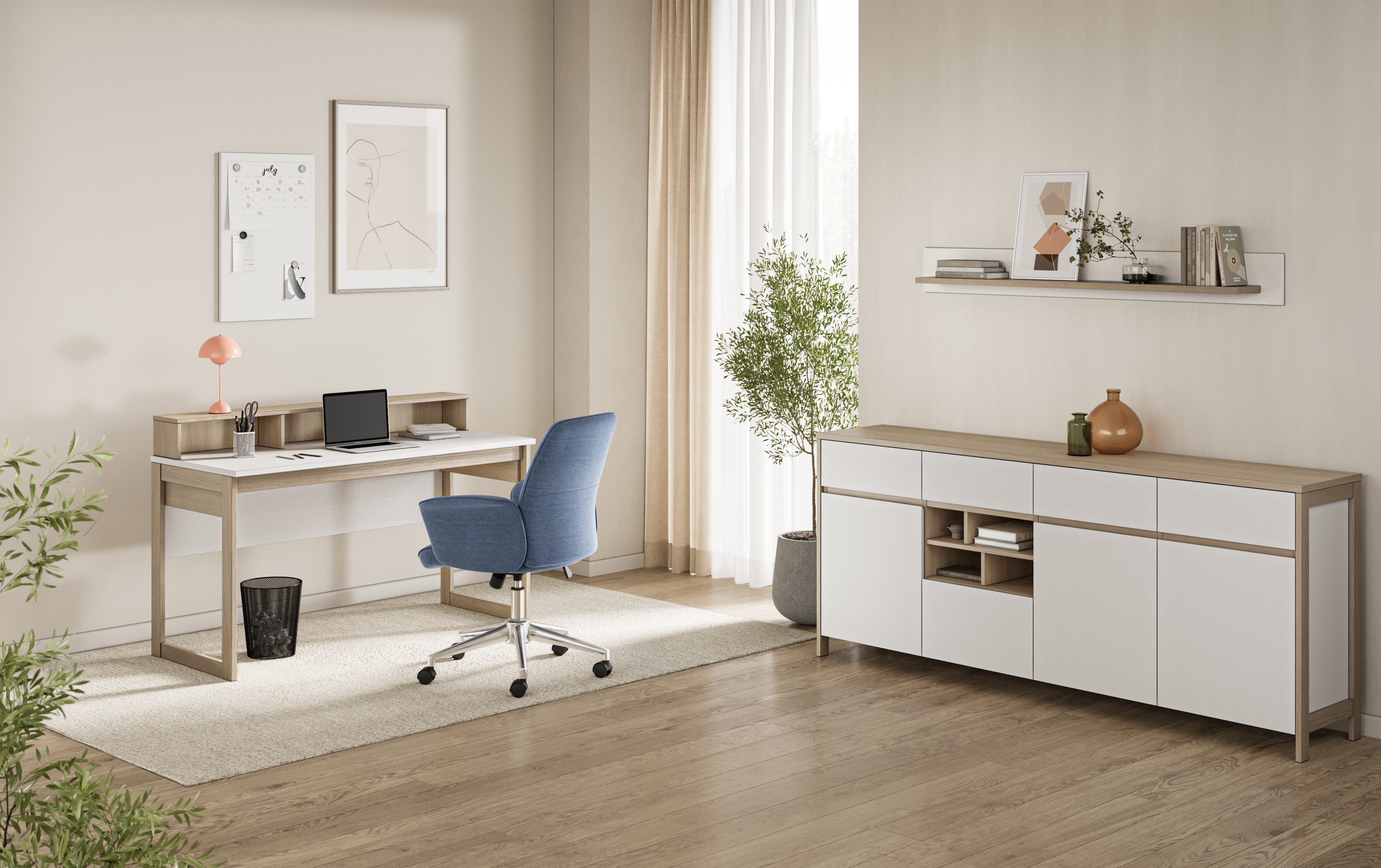 Home affaire Büromöbel-Set Stranda im Scandi-Style, Home Office, Büro in zwei Farben verfügbar, (3-tlg), enthält Schreibtisch, Sideboard und Wandboard