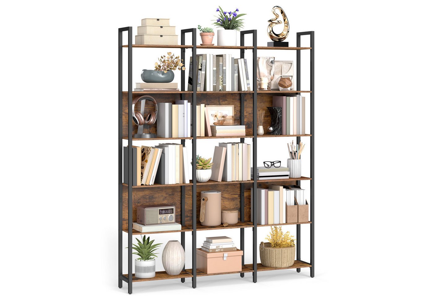 VASAGLE Bücherregal Küchenregal, Standregal, Flur, Küche, Büro, stabiles Stahlgestell, mit 6 offenen Regalebenen, Industrie-Design, 128 x 187.1 x 24 cm