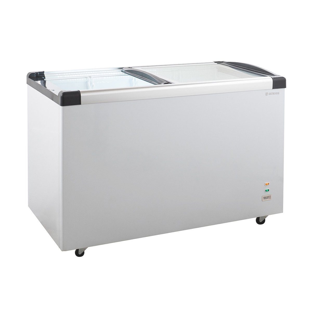 GastroHero Gefriertruhe TKTR-ECO450GN Tiefkühltruhe 355 Liter mit Glasschiebedeckel & Rollen abschließbar, 127.5 cm breit