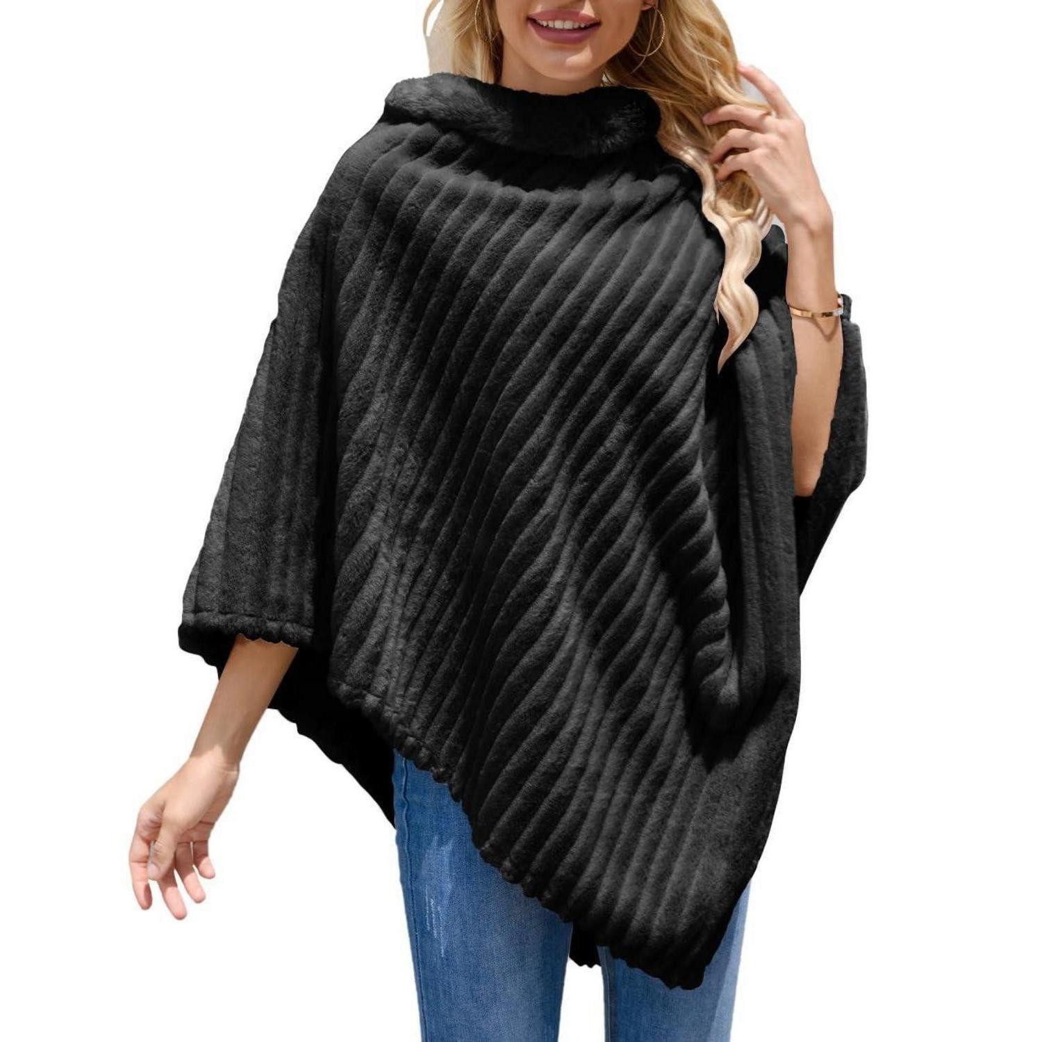 LuxusKollektion Strickschal Poncho Damen Gestreift Kunstfell Winter Schwarz, (1-St)