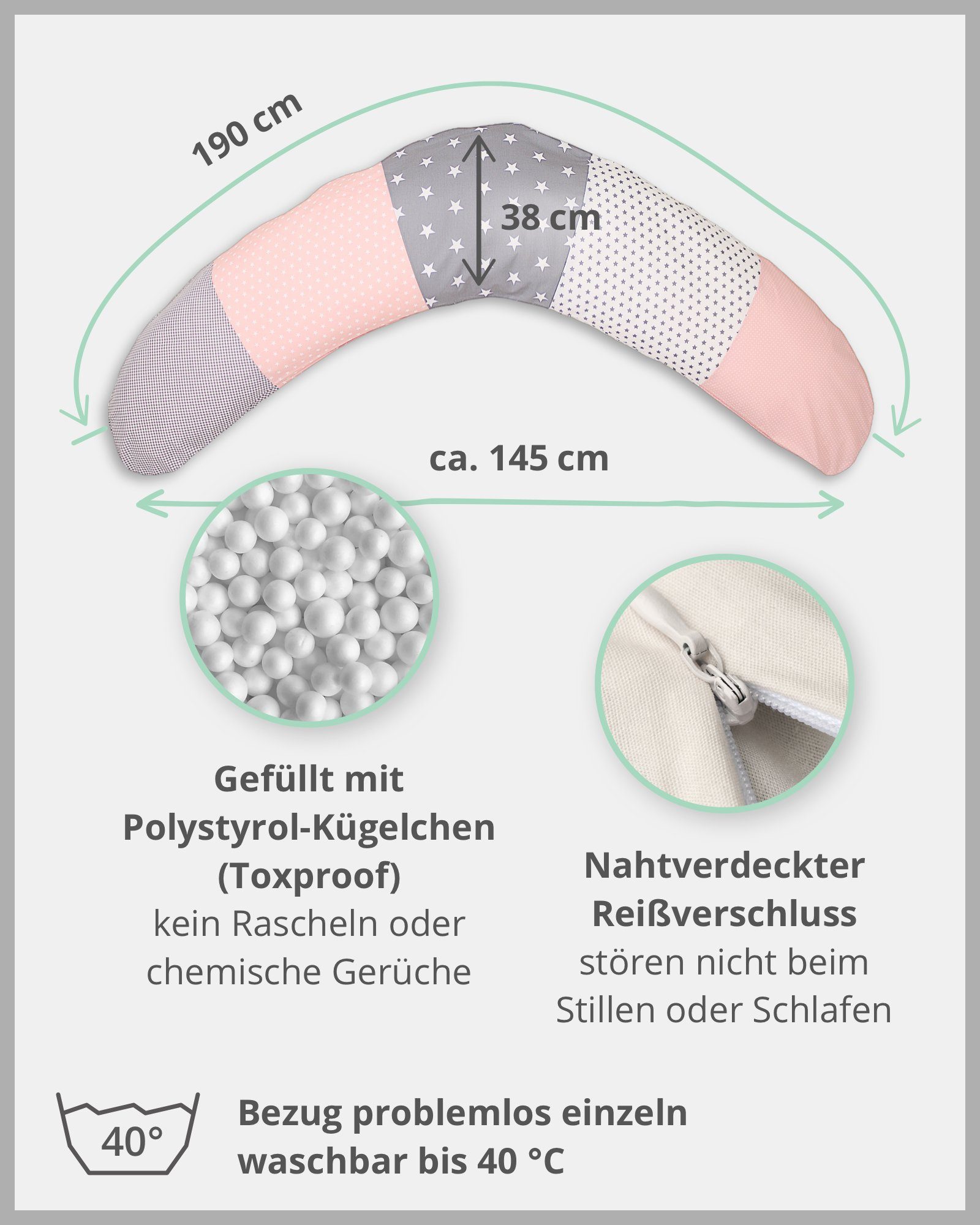 Stillkissen Baumwolle in EU), 190x38 & ® Grau ULLENBOOM Stillkissen Mikroperlen Rosa cm aus Bezug (Made 100% Füllung aus EPS