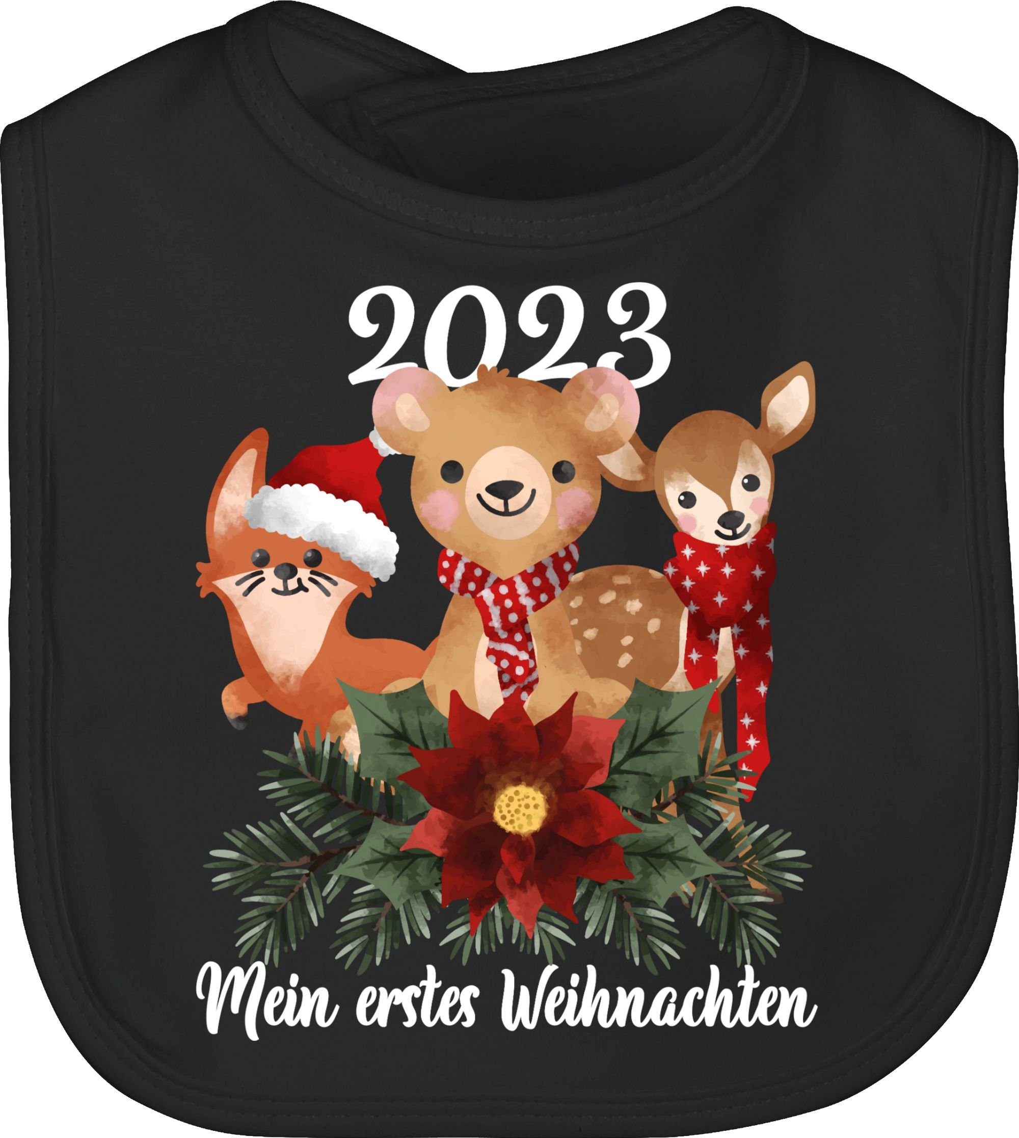 Shirtracer Lätzchen 2023 Mein erstes Weihnachten mit süßen Tieren - weiß, Weihnachten Kleidung Baby 3 Schwarz