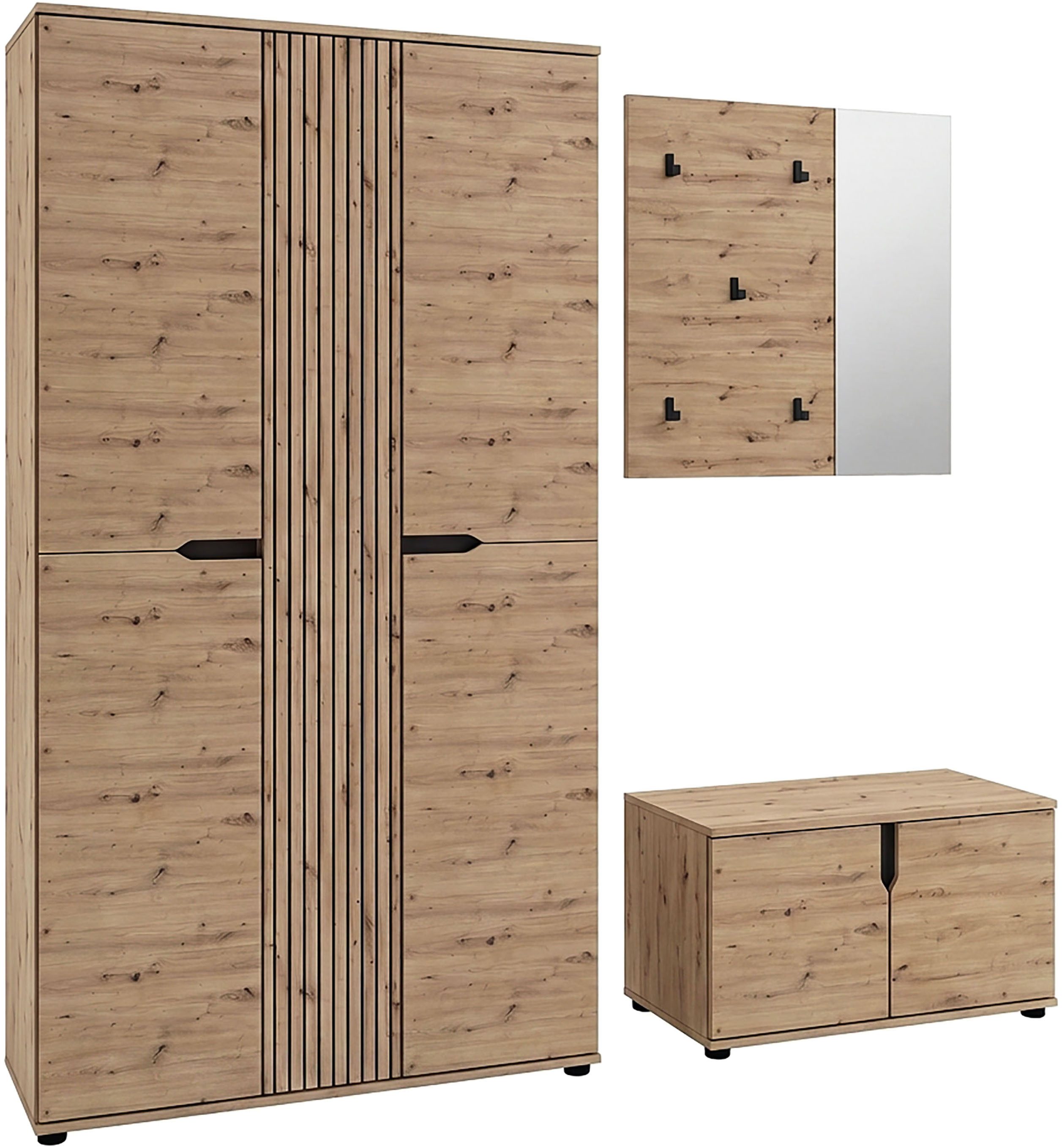 OTTO home Garderoben-Set FJELL, 3-teilig, Breite 199cm, Front mit hochwertiger Längsfräsung, (bestehend aus: Garderobenschrank, Sitzbank & Paneel), Garderobenkombination, Kombination, Set, Garderobe, Flurgarderobe