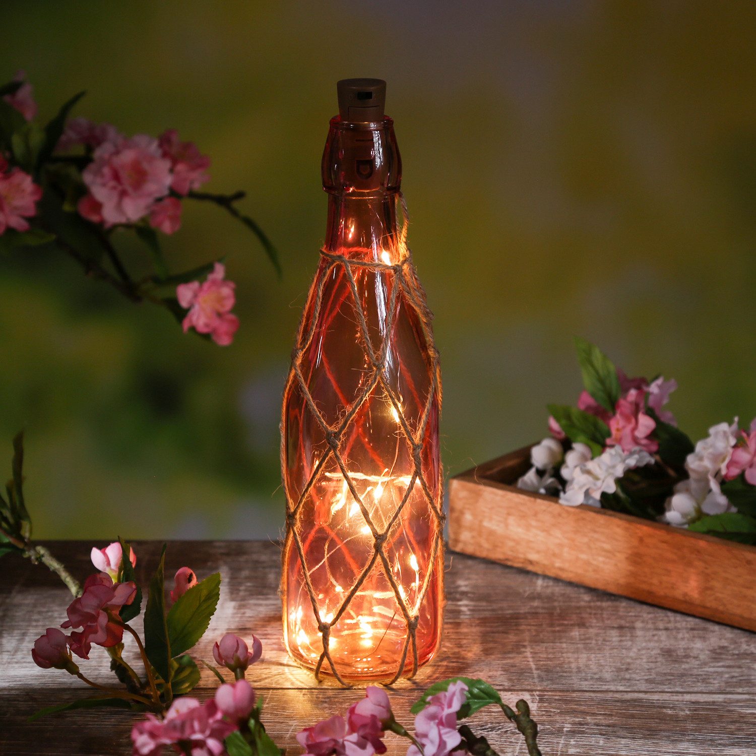 MARELIDA LED Dekolicht LED Dekoflasche mit Lichterkette Juteseil Leuchtflasche H: 28cm rosa, LED Classic, warmweiß (2100K bis 3000K)