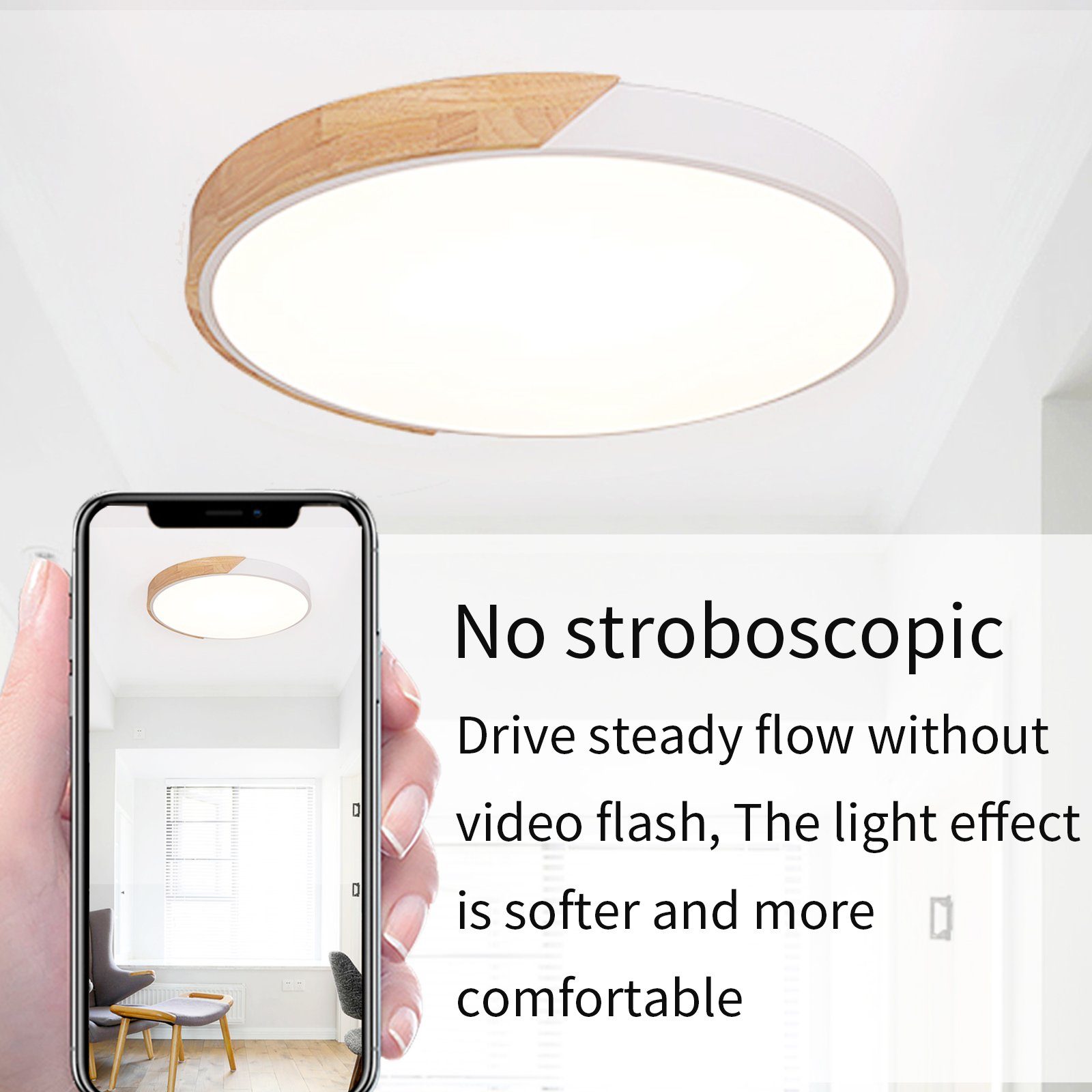 style home Deckenleuchte Runde LED Deckenlampe dimmbar mit Fernbedienung, Warmweiß bis Kaltweiß, 3000K-6000K, 36W Holz Lampe für Wohnzimmer Büro Schlafzimmer 40x40x4cm