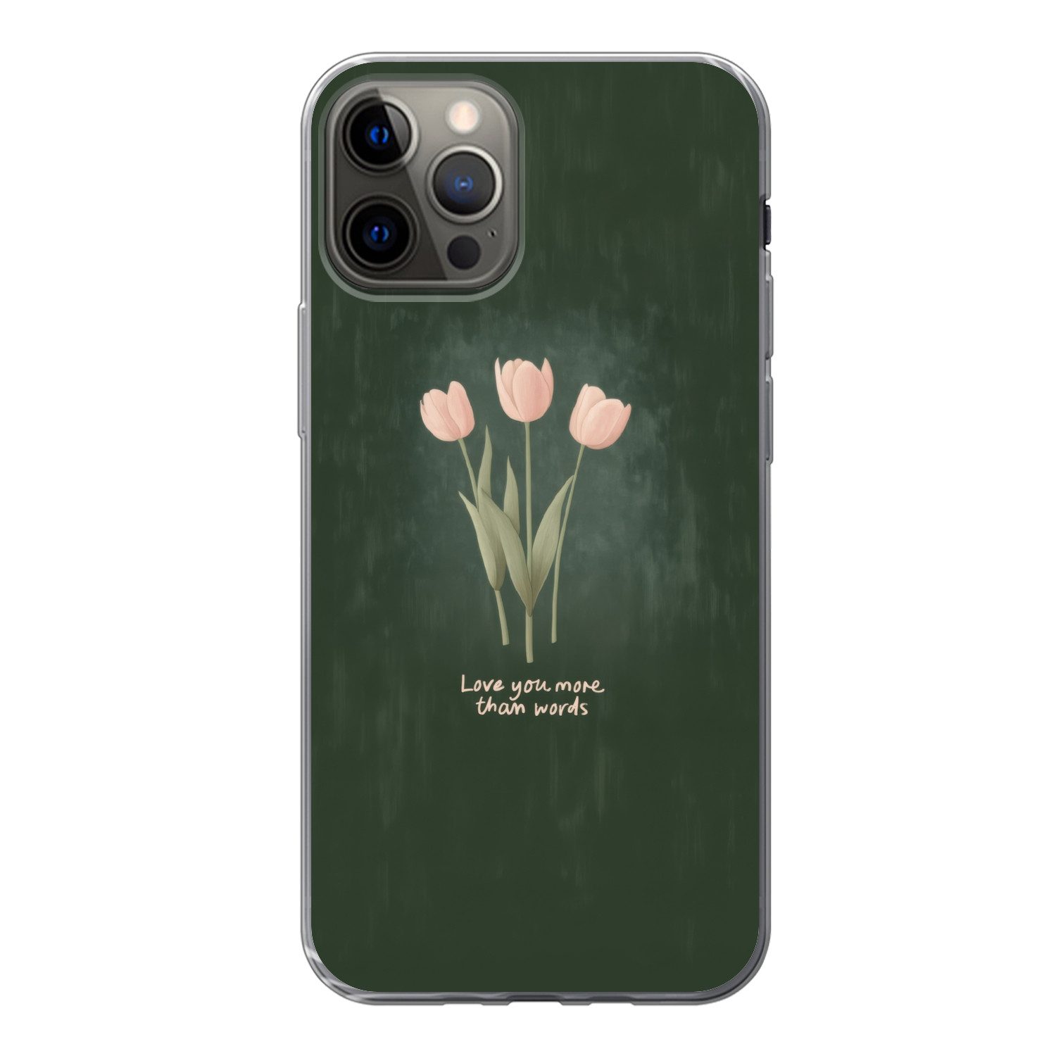 MuchoWow Handyhülle für Apple iPhone 12 Pro Tulpen - Rosa - Text - Liebe, Smartphone-Bumper, Print, Handy Schutzhülle Dünn