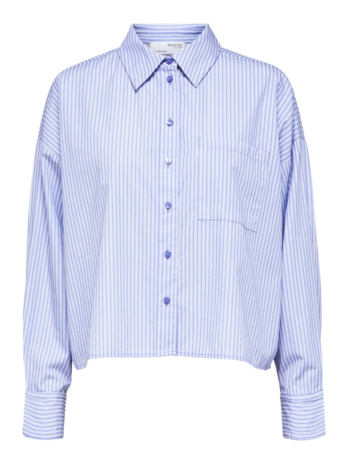 SELECTED FEMME Blusenshirt Cropped Basic (1-tlg) Bluse SLFREKA Blau Hemd Baumwolle 4186 aus in Langarm