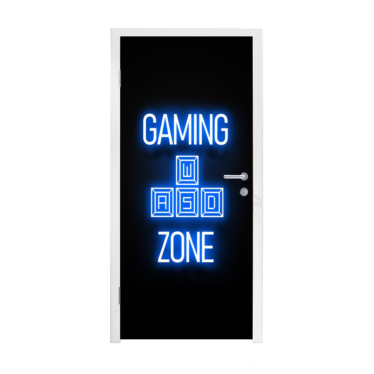 Spiele - Blau, Türaufkleber, Tür, Text (1 Neon bedruckt, cm Fototapete Türtapete - - MuchoWow Matt, St), Spielzone für - 75x205