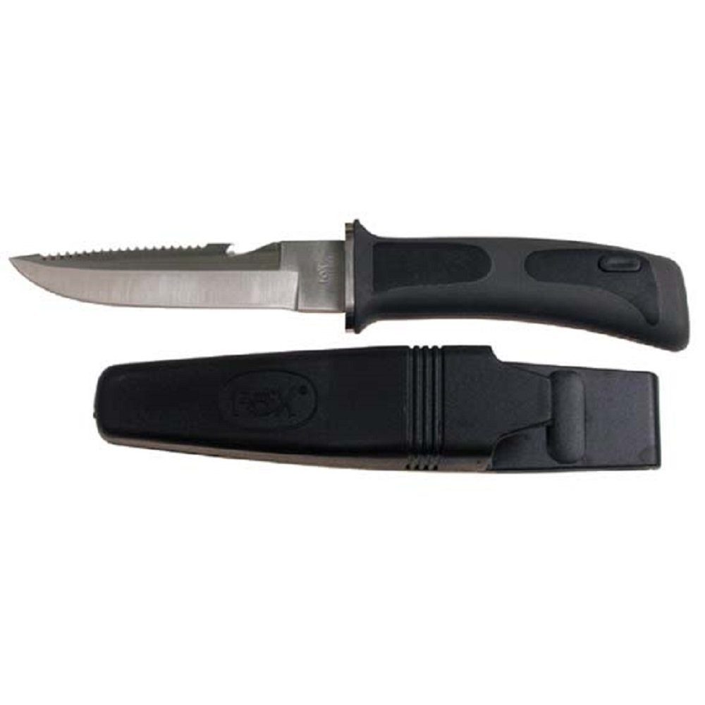 FoxOutdoor Universalmesser Tauchermesser, Beinholster, schwarz, (Set, Tauchermesser mit Kunststoffscheide), partiellem Wellenschliff und Gurtschneider