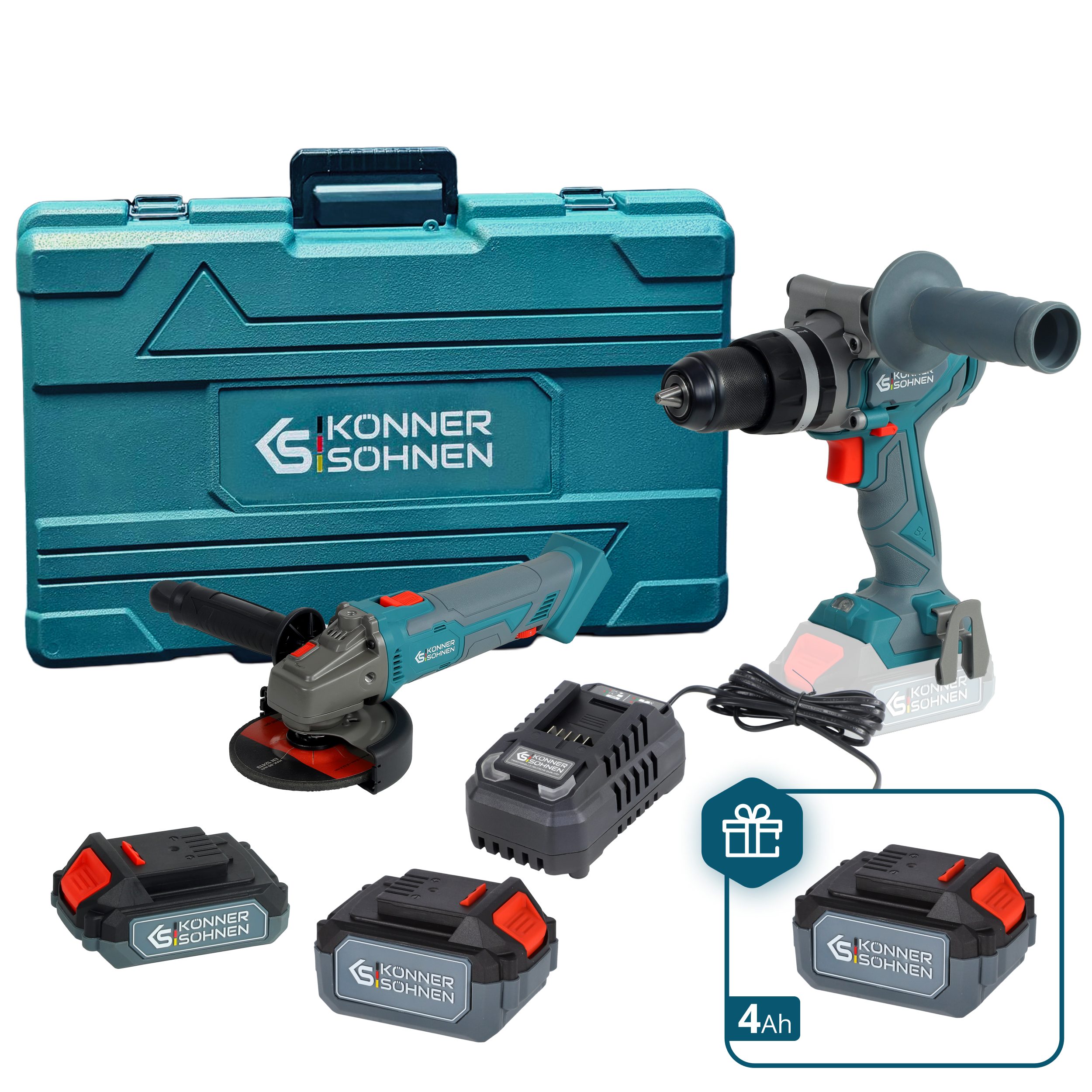 Könner & Söhnen Akku-Schlagbohrschrauber KS IDAGB 20V SET 1, (Kabelloses Werkzeug-Set: Schlagbohrmaschine und Winkelschleifer, 1-tlg), 2 Akkus und Ladegerät im Koffer für Reparaturarbeiten zu Hause