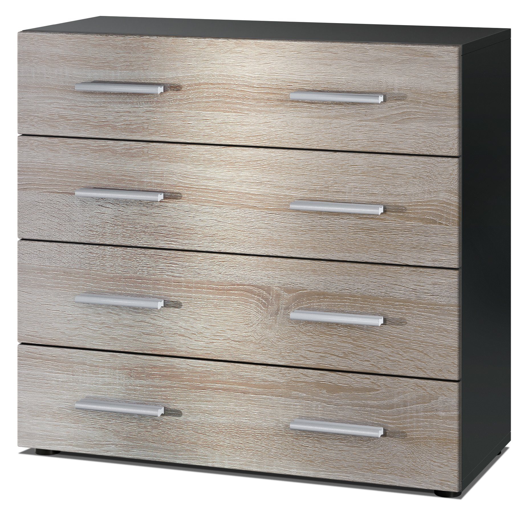 Vladon Kommode Pavos V1 (Kommode, ​mit 4 Schubladen), Schwarz matt/Eiche sägerau (76 x 72 x 35 cm)