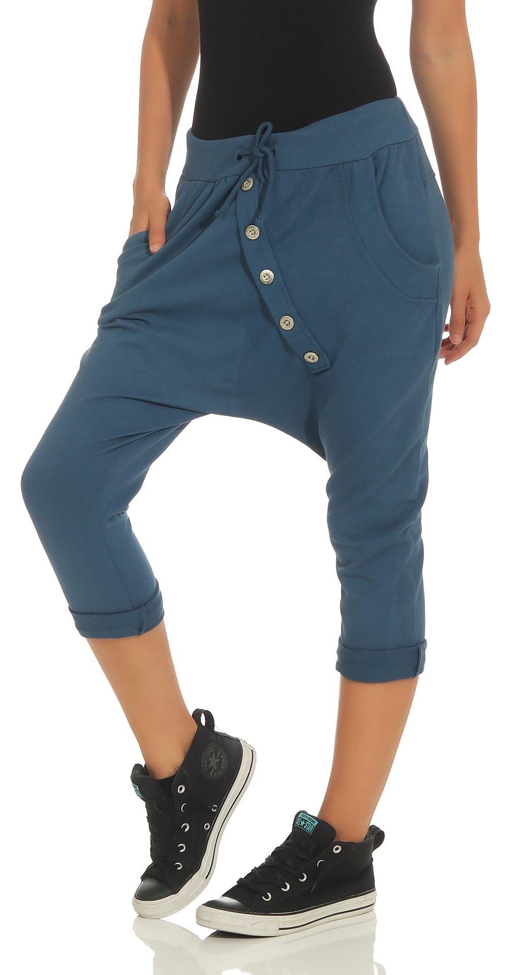 Sommer Einheitsgröße Jerseybund 8015 Sport more jeansblau mit elastischem malito Caprihose Hose fashion than