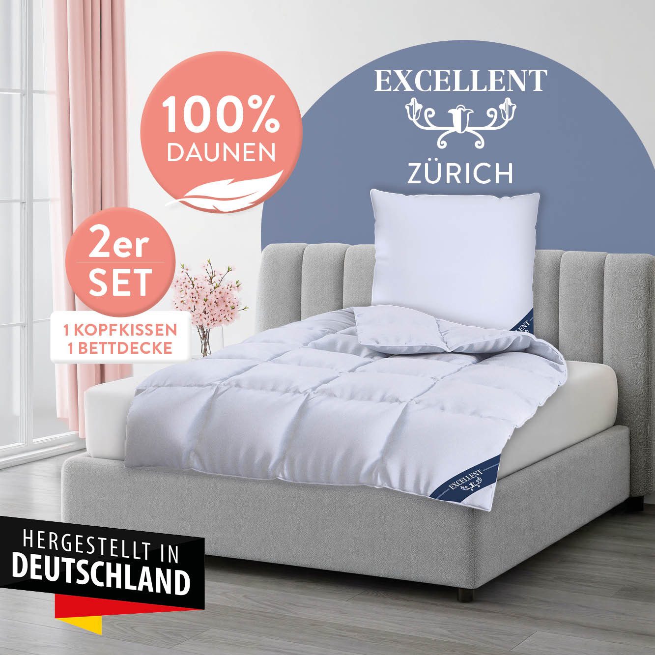 Excellent Daunenbettdecke + 3-Kammer-Kopfkissen Bettdecken-Set Zürich, Bettdecke 135x200 & 155x220 cm, Füllung: Bettdecke 100 % Daunen, Bezug: Einschütte (Bettd – Bild 2 von 5