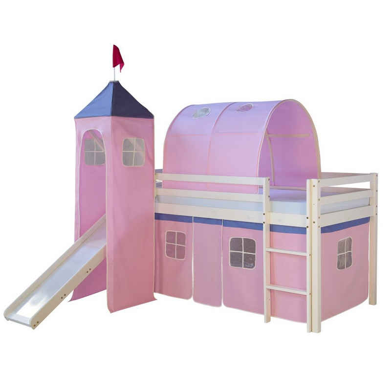 Homestyle4u Hochbett »Spielbett Kinderbett Rutsche Turm pink 90x200« (Bettvorhang waschbar bei 30 Grad Maschinenwäsche)
