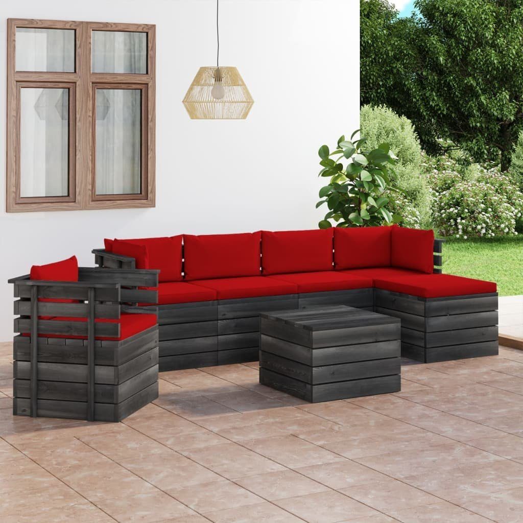 vidaXL Gartenlounge-Set 7-tlg. Garten-Sofagarnitur aus Paletten mit Kissen Kiefernholz, (7-tlg) Rot
