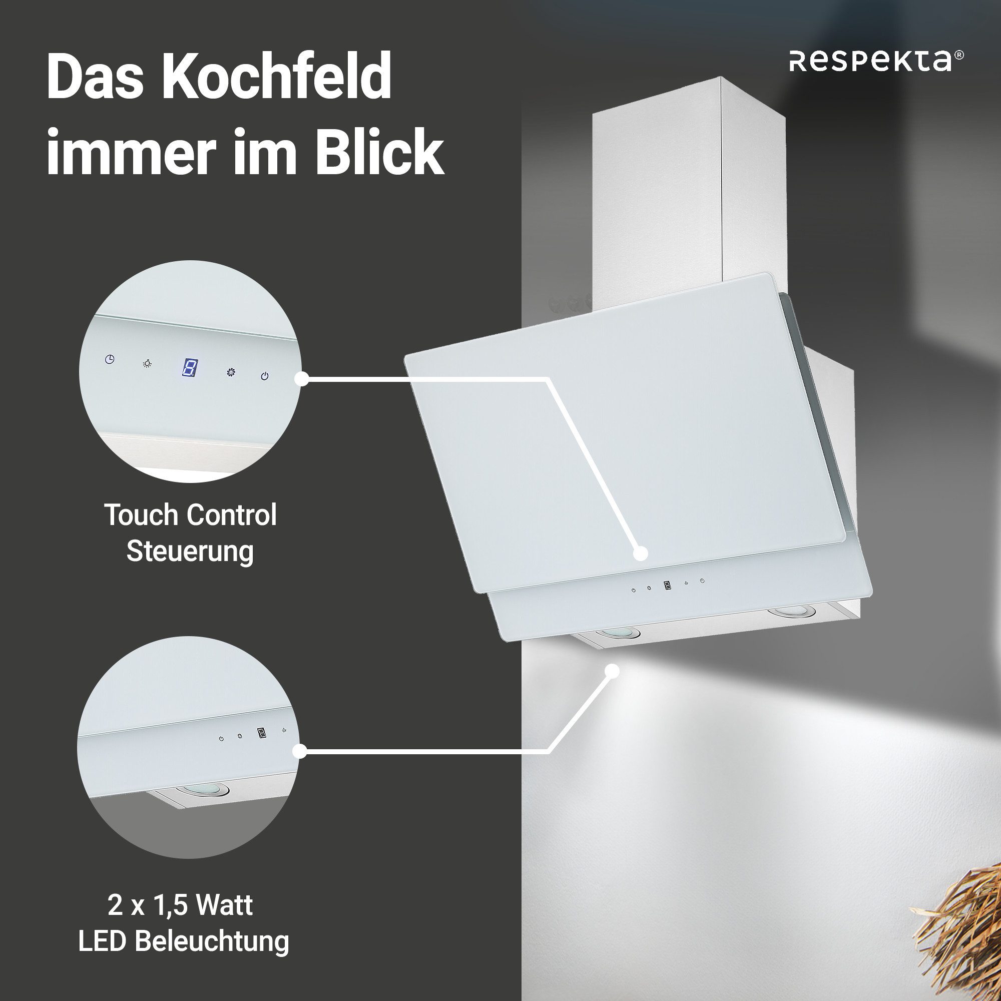 RESPEKTA Kopffreihaube Selena Serie CH77060SA Selena, EEK: A; Breite: 60 cm; Abluft & Umluftbetrieb möglich