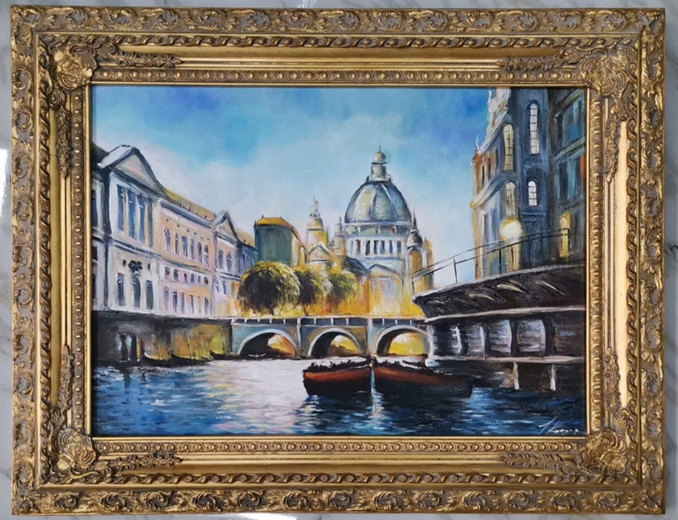(1 Boote Fluss SOFORT, Bild Stadt JVmoebel dem Venedig Abendlandschaft Brücke St), auf Made Europa Ölbild in