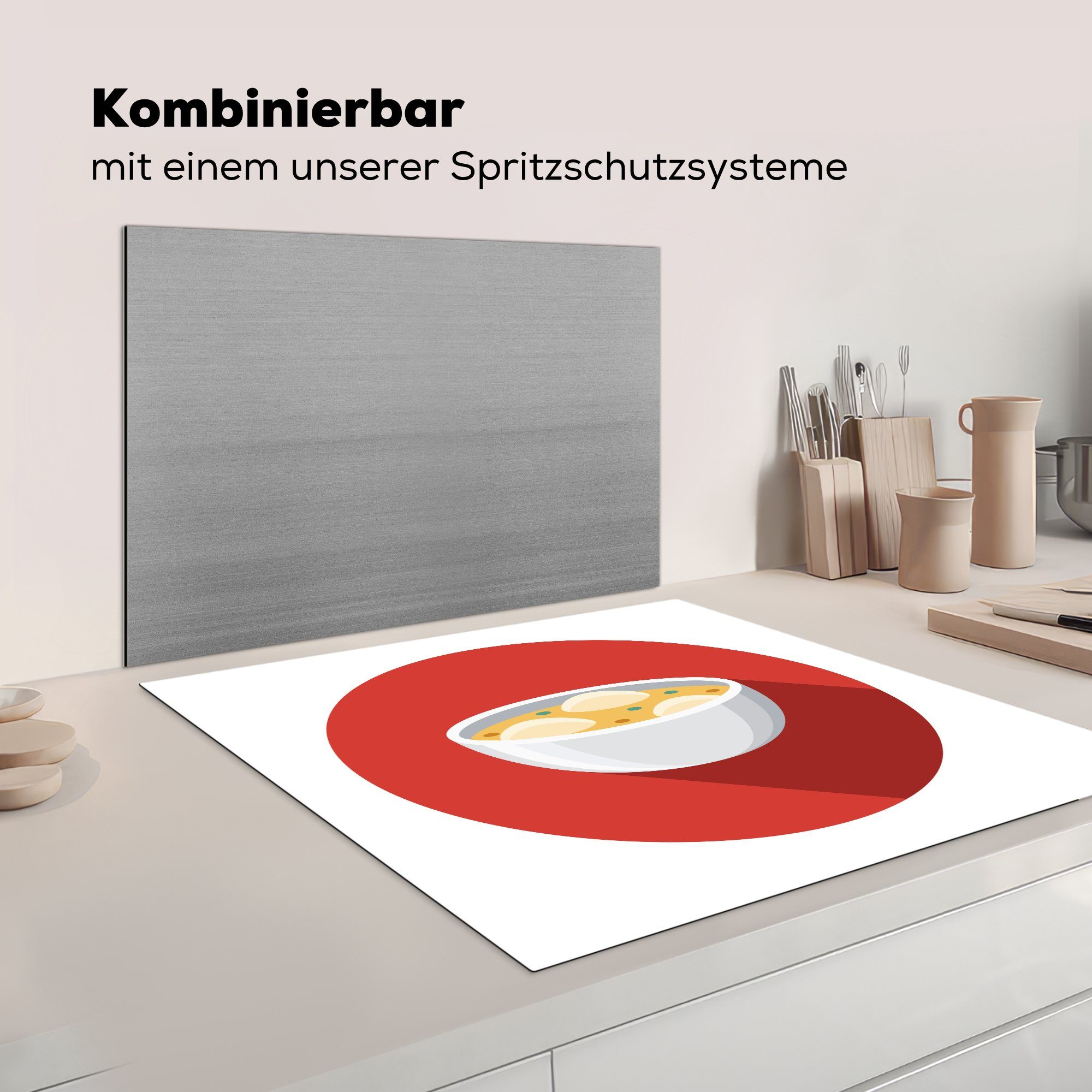 küche für Arbeitsplatte einem tlg), roten Hintergrund, cm, Eine (1 Illustration Hühnersuppe Ceranfeldabdeckung, von MuchoWow Vinyl, 78x78 Herdblende-/Abdeckplatte mit