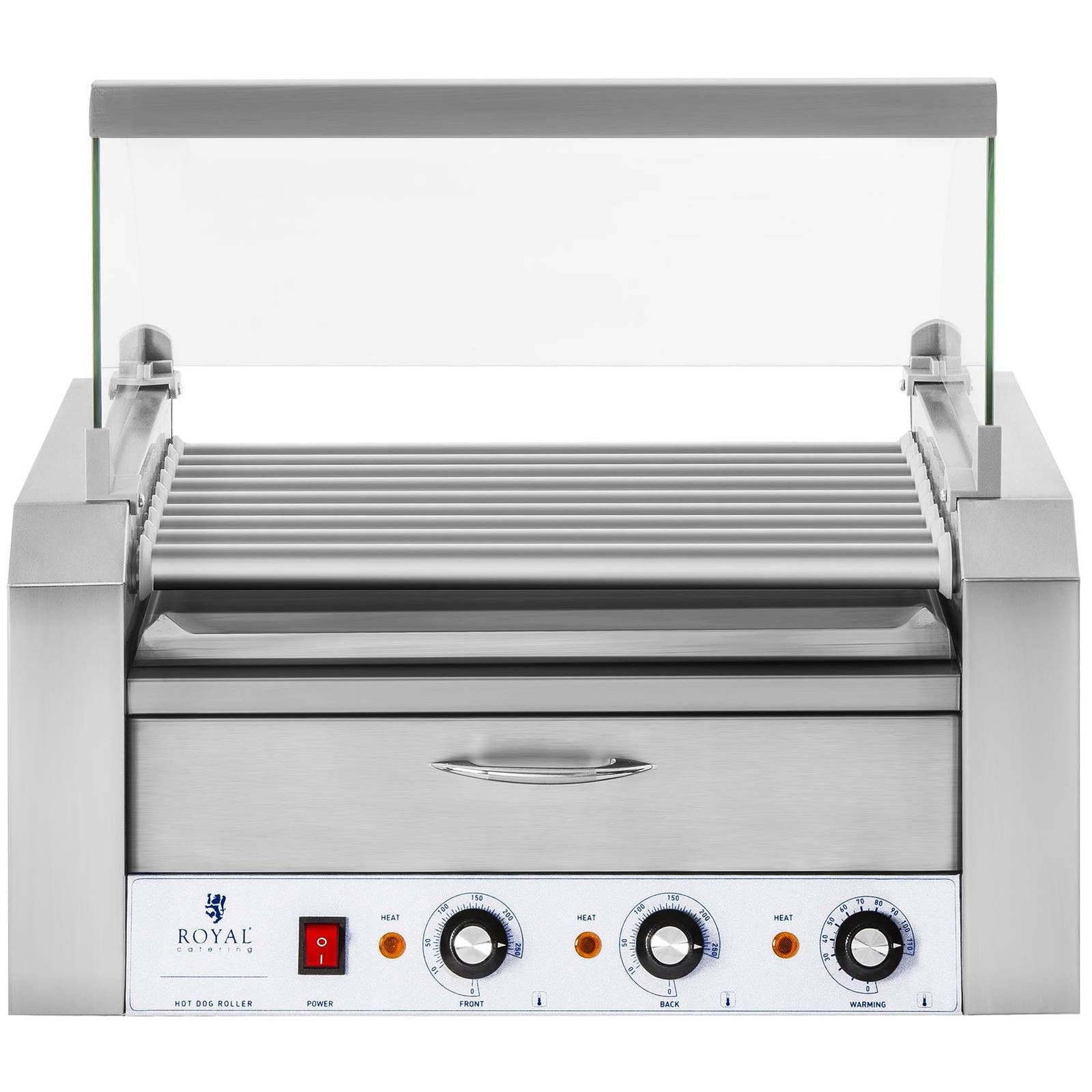 Royal Catering Elektrogrill Hot Dog Grill 2 Zonen Edelstahl Rollengrill Würstchengrill 9 Rollen, 1850 W, verschiedene Größen