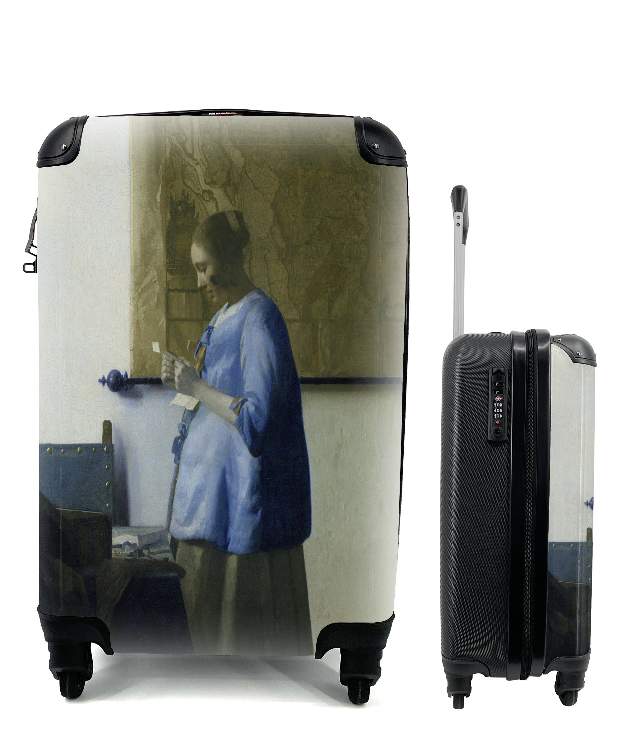 MuchoWow Handgepäckkoffer Frau in Blau liest einen Brief - Johannes Vermeer, 4 Rollen, Reisetasche mit rollen, Handgepäck für Ferien, Trolley, Reisekoffer