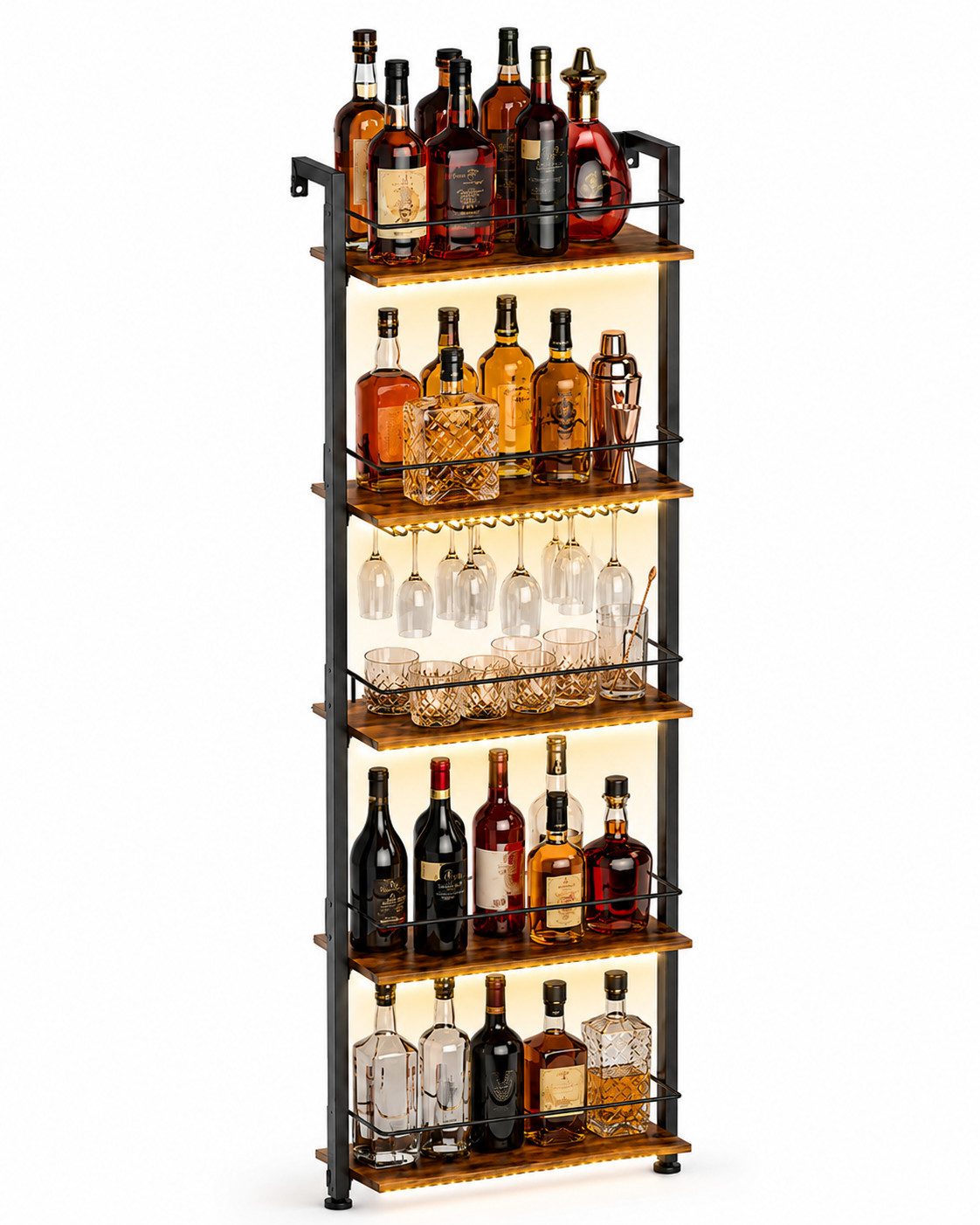 Yorbay Weinregal 5-Tier Freestanding Weinständer, 50 Flaschen, mit LED-Lichtern & Absturzsicherung