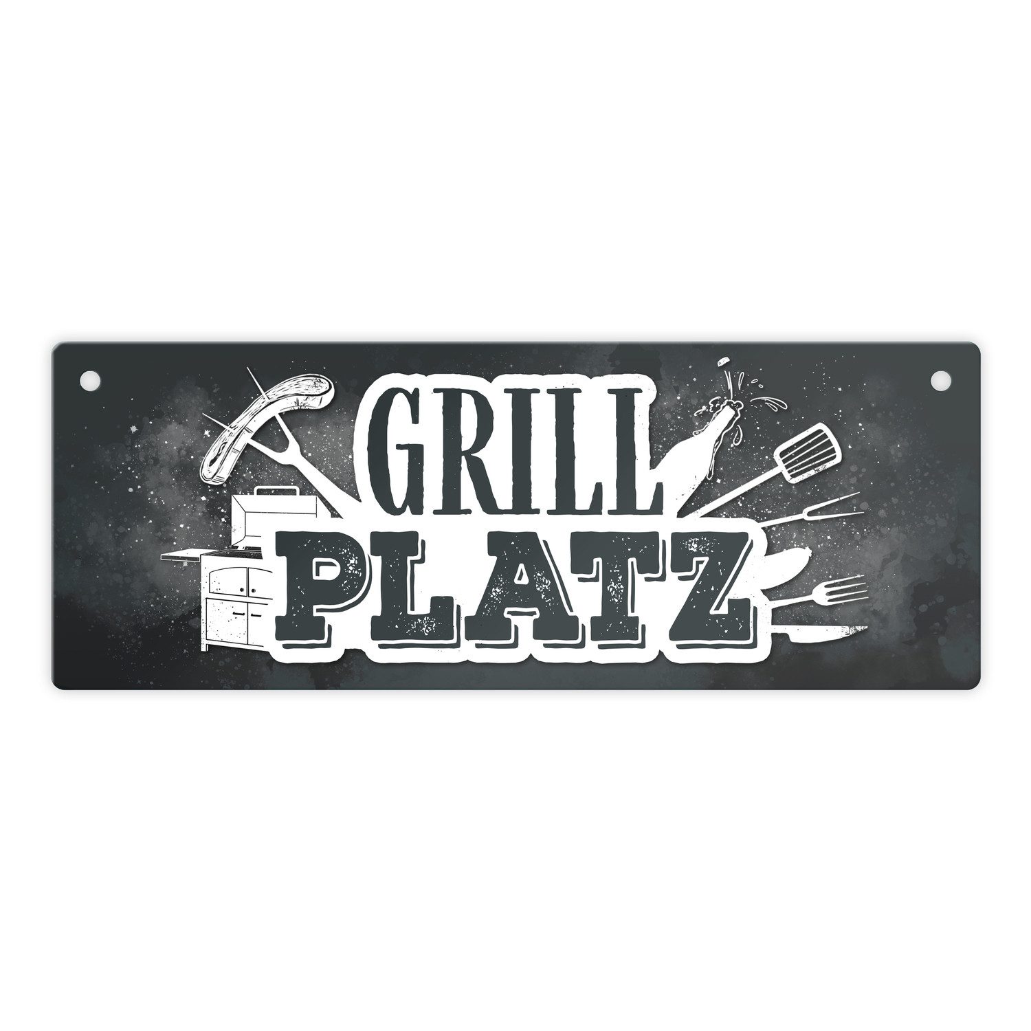 Metallschild Grillplatz Metallschild in grau Fleisch Wurst grillen Grill Bier