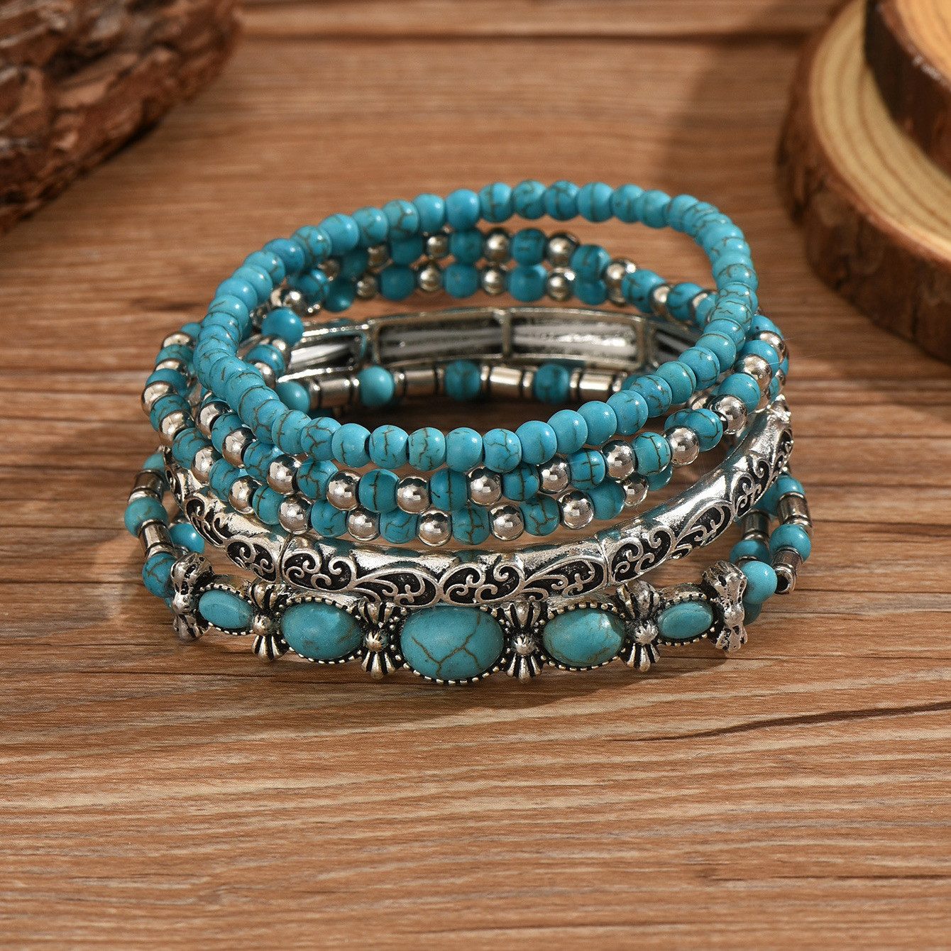 The Beauty House Armband Boho Armband Set mit türkisen Perlen, – Mehrreihiger Damenschmuck im Ethno Stil