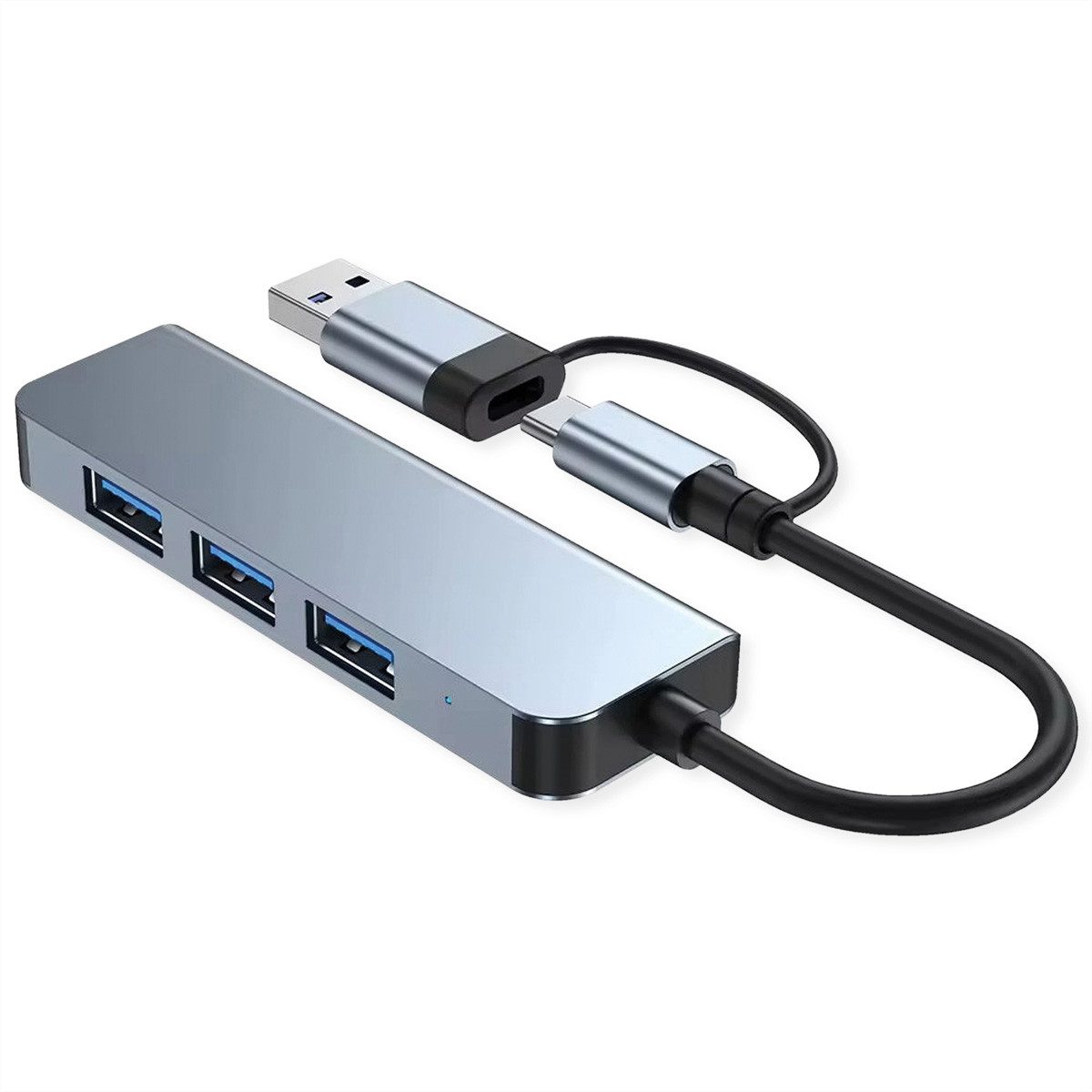 VALUE USB3.2 Gen1 Metall Hub, 4fach Typ A USB Typ C (USB-C) Männlich (Stecker) zu USB 3 Typ A Weiblich (Buchse), 10.0 cm, (1x USB 3.2Gen1 + 3x USB 2.0), Typ A+C Anschlusskabel