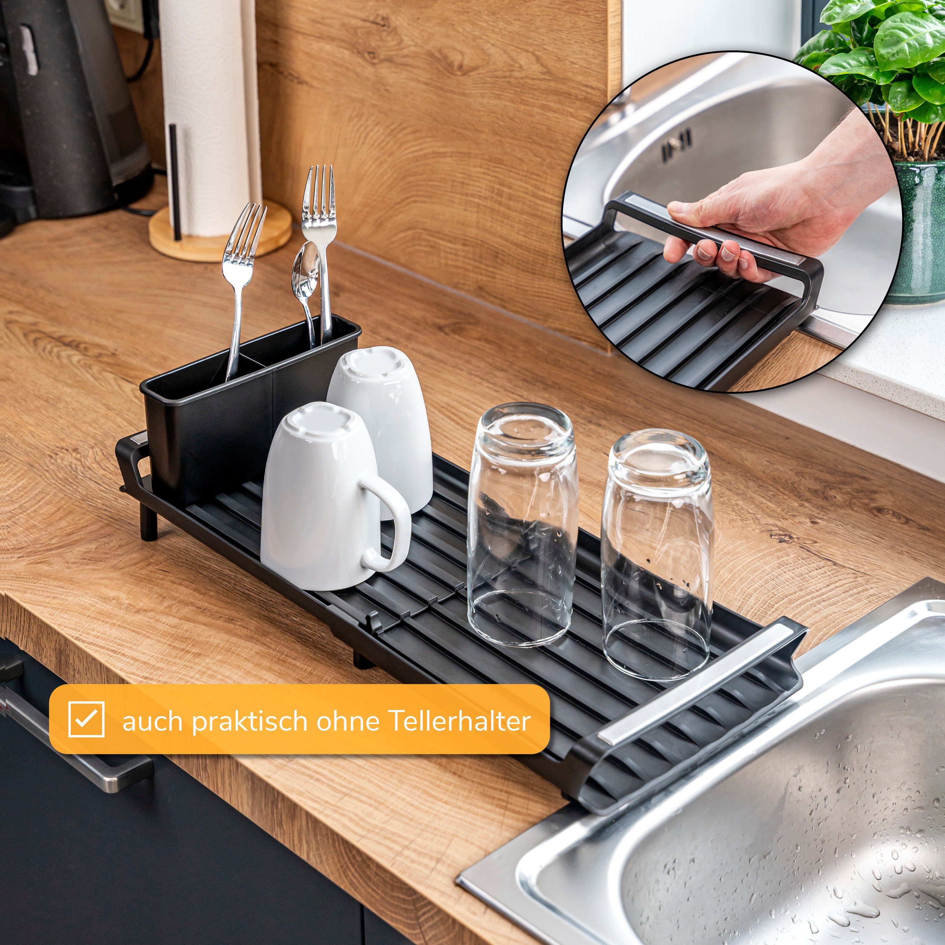 eluno Abtropfwanne Geschirr-Abtropfgestell für 8 Teller, Abtropfständer, ausziehbar