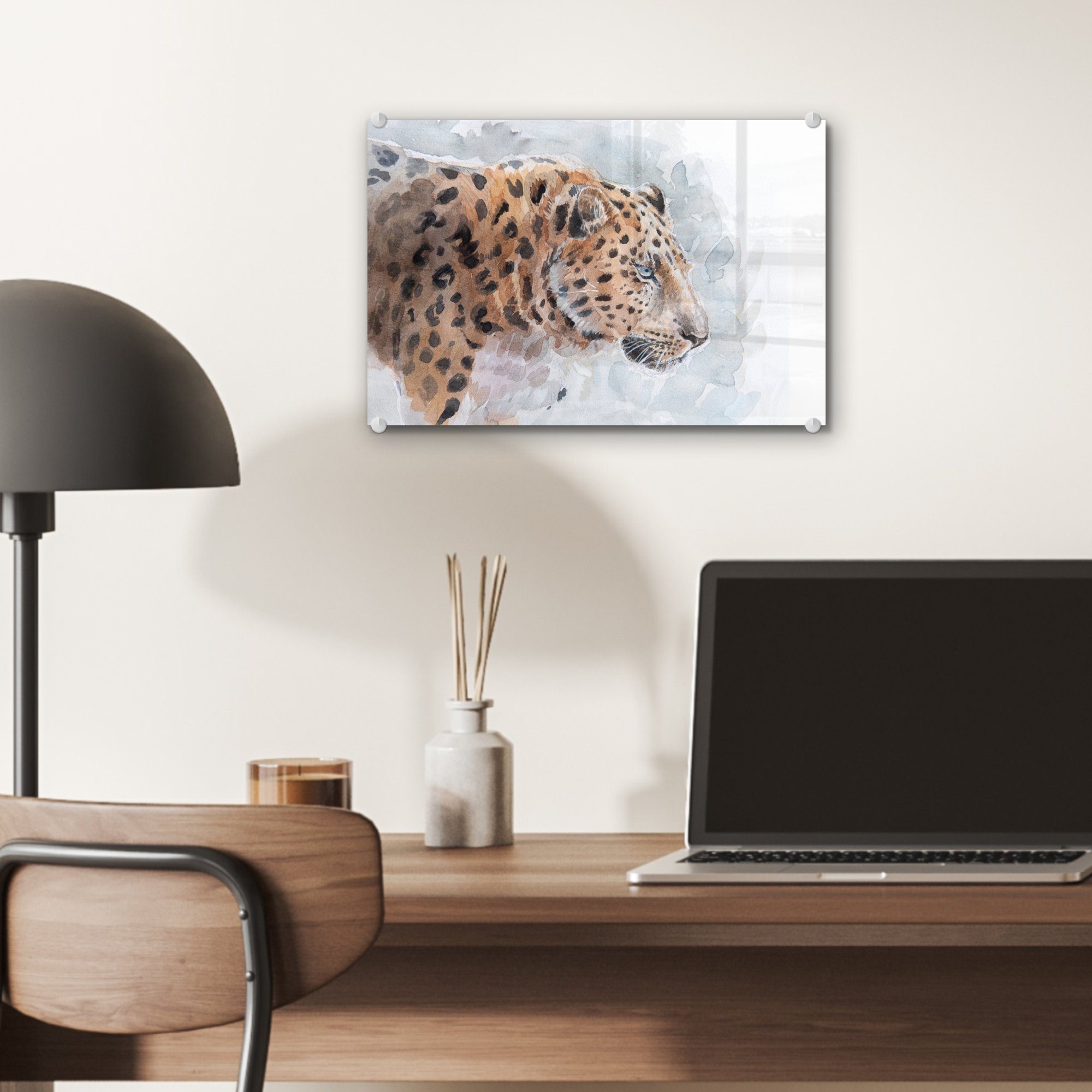 Foto Wanddekoration (1 - auf - Aquarell - - Wandbild Blau, St), Glas MuchoWow Glas Acrylglasbild Glasbilder - Leopard Bilder auf